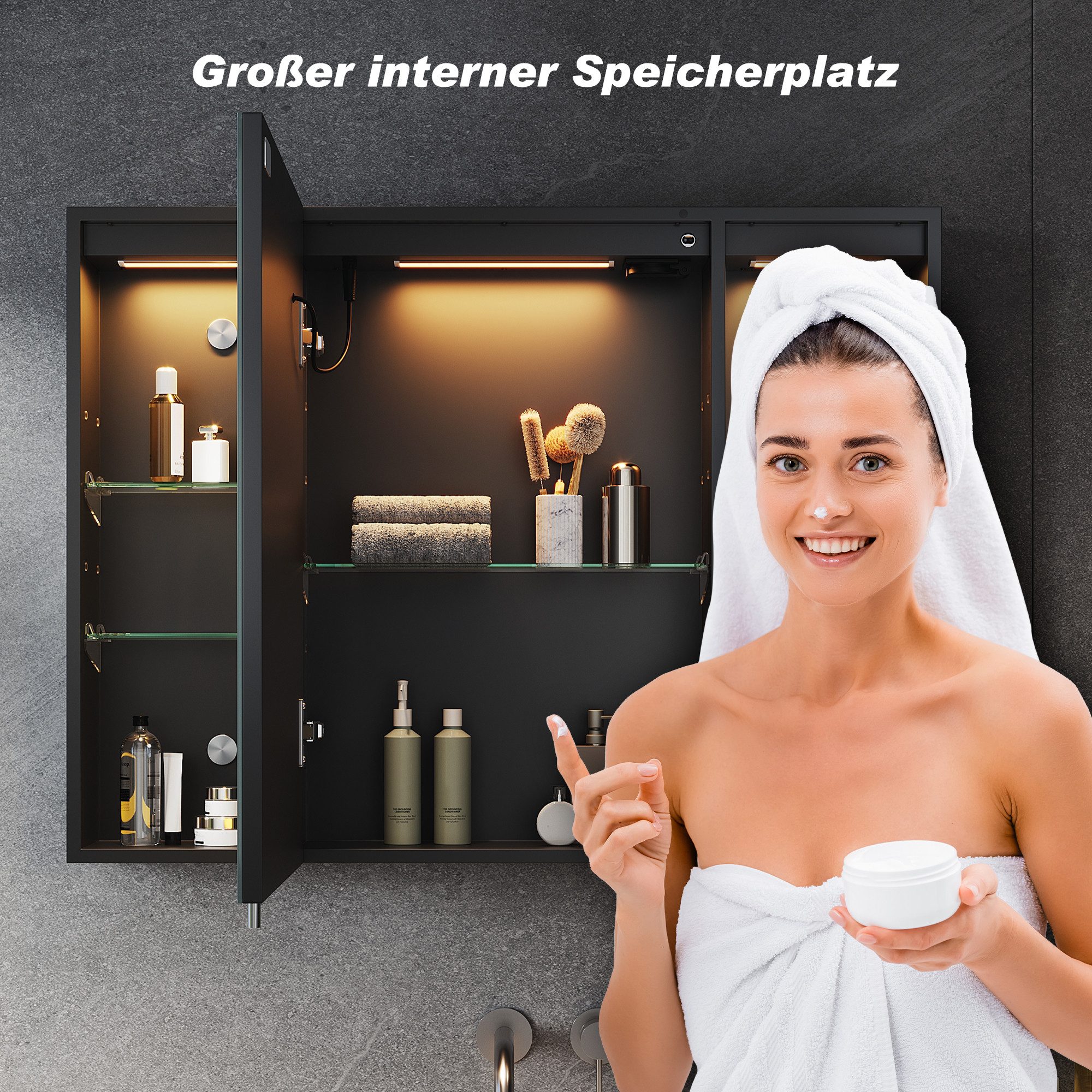 SONNI Badezimmerspiegelschrank Badezimmerspiegelschrank mit dreifarbiger Beleuchtung, Spiegelschrank – Bild 5 von 5