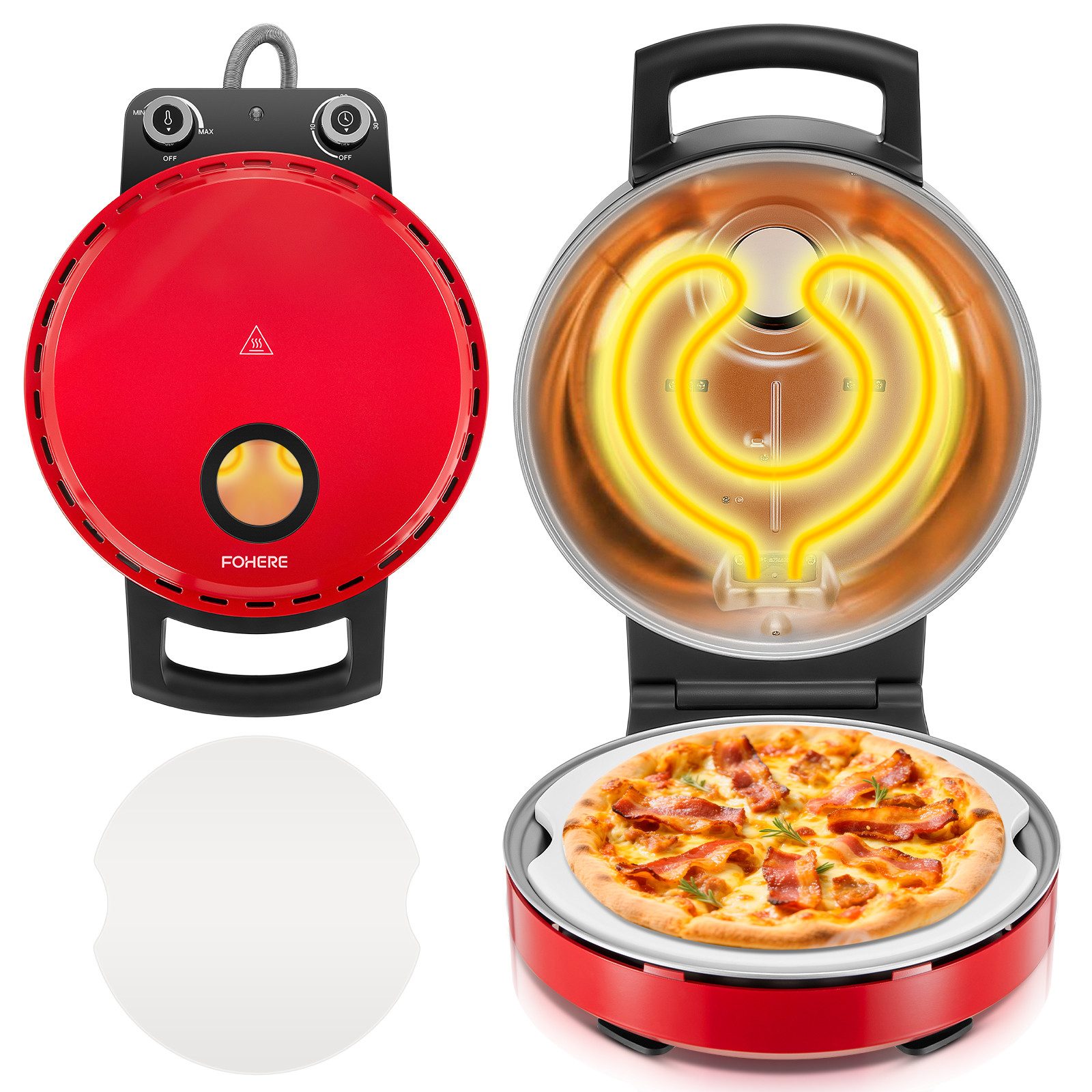 FOHERE Pizzaofen Heizt bis zu 400℃ mit feuerfestem Pizzastein ⌀32cm & 5 Heizstufen, 1500W, Rot