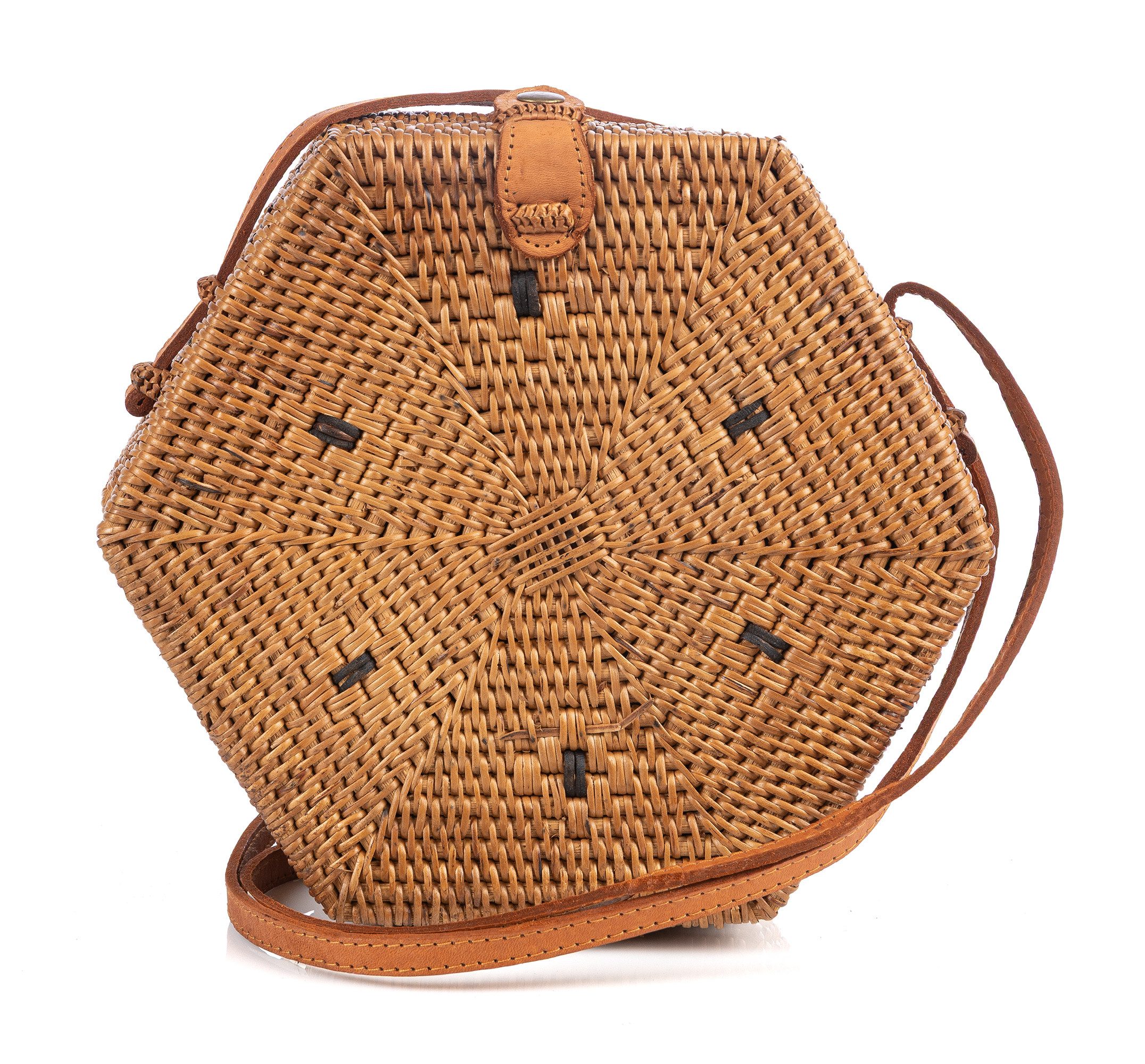 Der Trachtler Basttasche Damen Korbtasche Bali Bag in sechseckiger Form, mit Lederriemen - handgefertigt in Bali