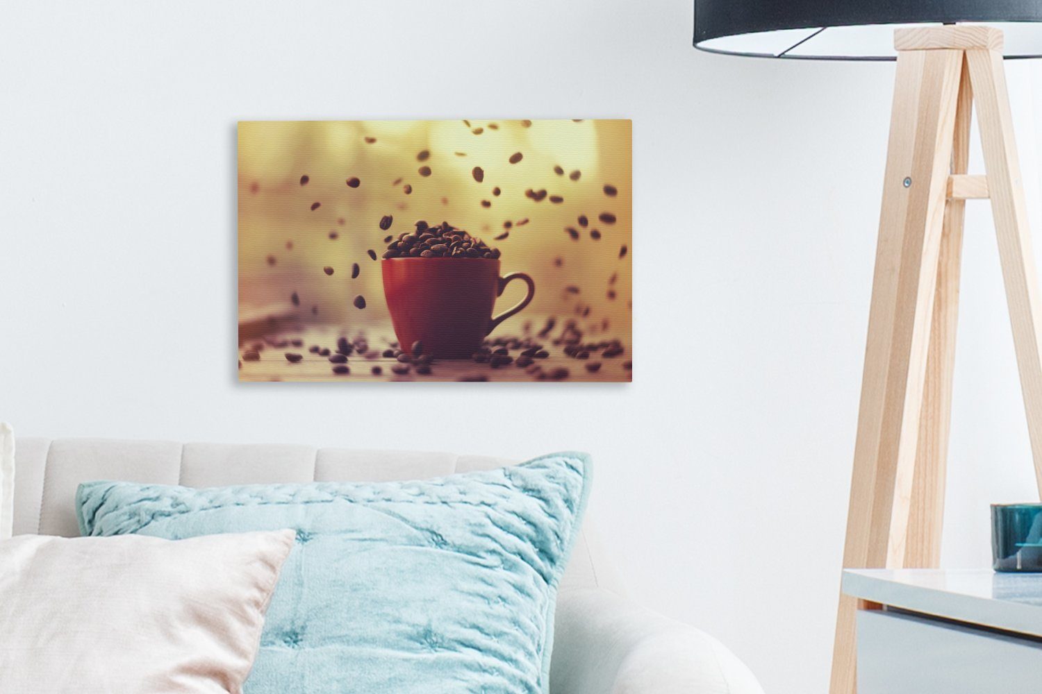 Wanddeko, cm Kaffeetasse, Kaffeebohnen 30x20 Fallende Leinwandbilder, Aufhängefertig, in St), einer (1 OneMillionCanvasses® Wandbild Leinwandbild