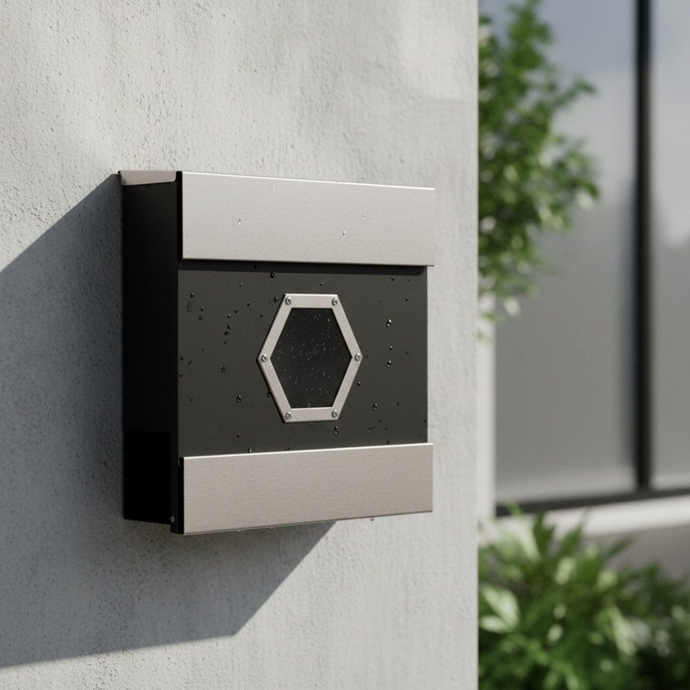 Mucola Wandbriefkasten Briefkasten Wandbriefkasten Edelstahl Zeitungsfach Design Modern (Stück, 1-St., Premium-Briefkasten), Schutzklappe lässt Regen abfließen