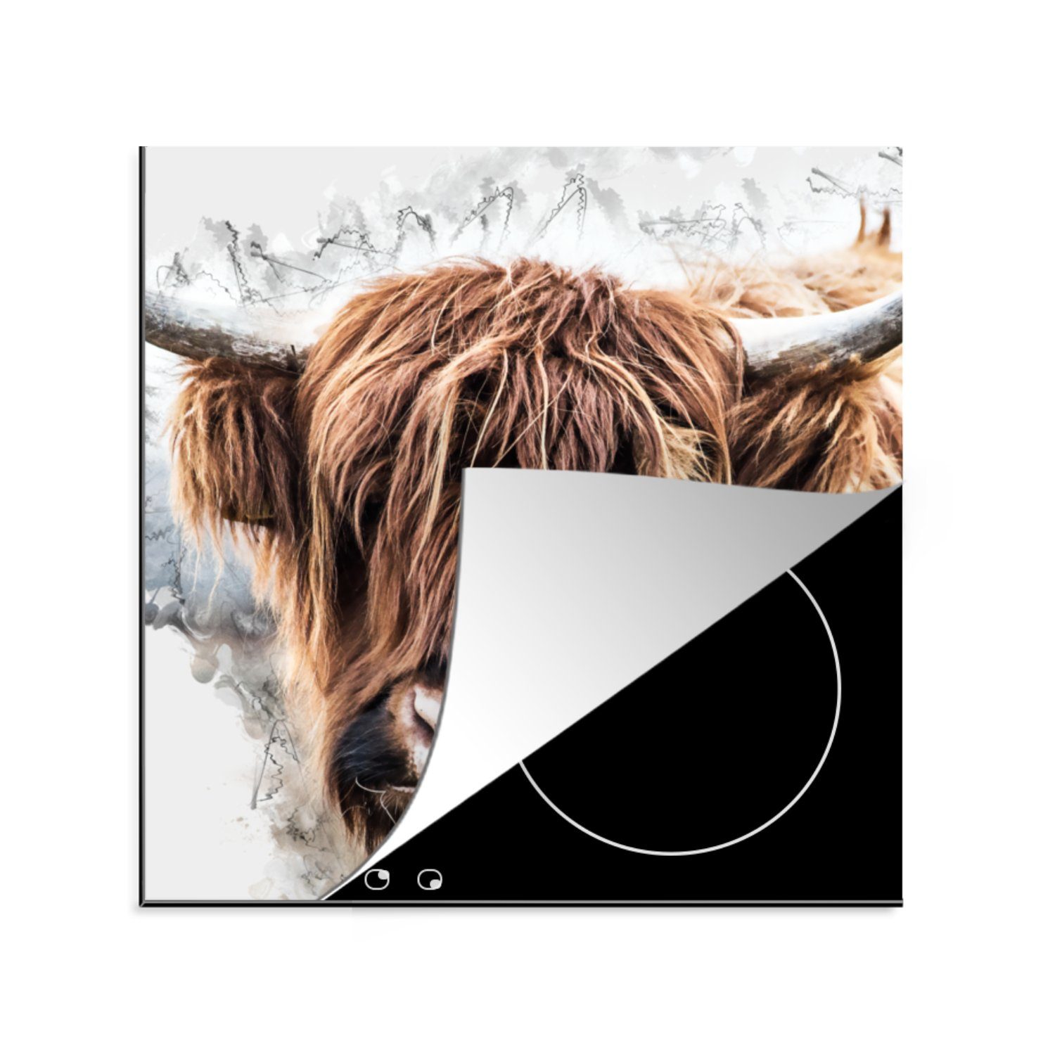 Ceranfeldabdeckung, Weiß, MuchoWow Vinyl, - Arbeitsplatte küche - Herdblende-/Abdeckplatte Schottischer Kuh (1 Highlander für cm, tlg), 78x78
