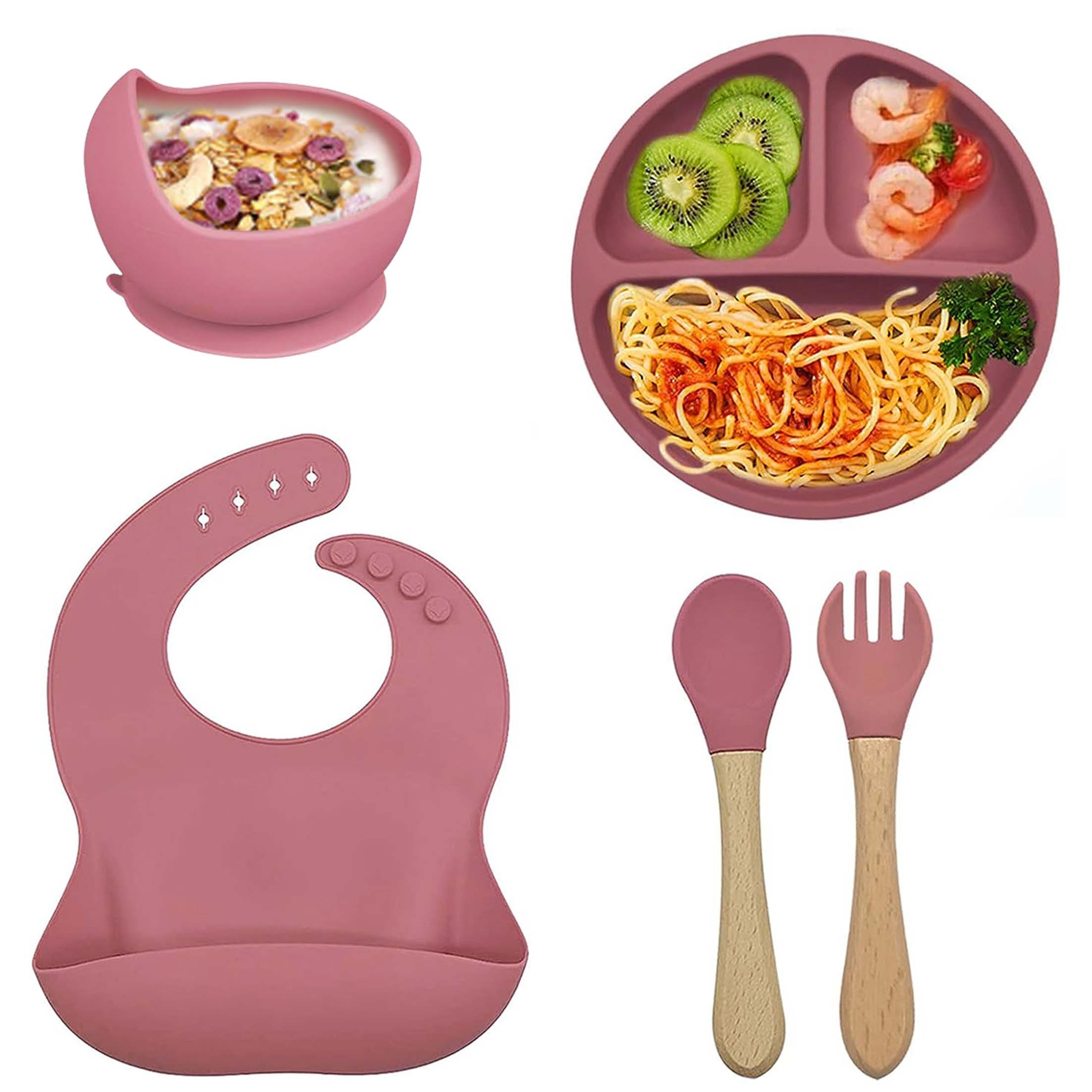 KINSI Kindergeschirr-Set 5er Silikon-Kindergeschirr Set, Babyteller, sicher ohne Schädstoffe, 1 Personen, Kindergeschirr aus Silikon Schüssel, Gabel, Löffel Lätzchen Set