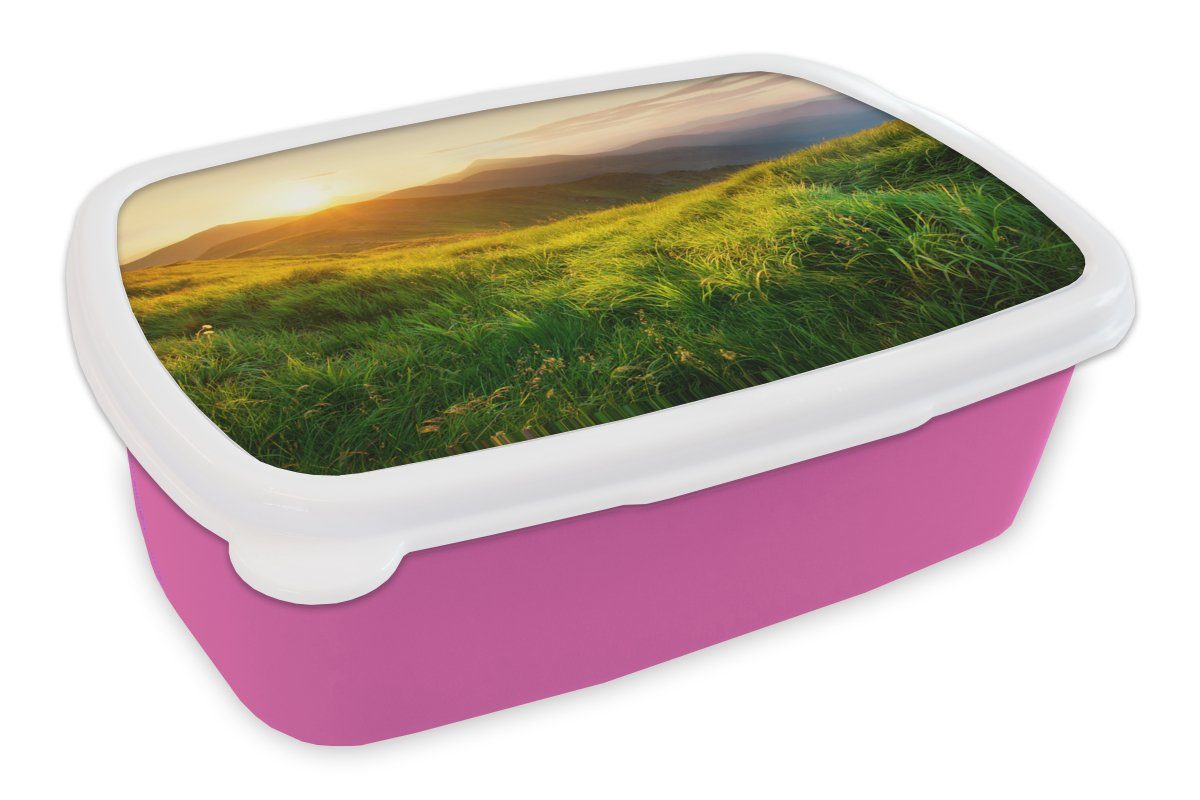 MuchoWow Lunchbox Gras - Hügel - Sonne - Natur - Landschaft, Kunststoff, (2-tlg), Brotbox für Erwachsene, Brotdose Kinder, Snackbox, Mädchen, Kunststoff rosa