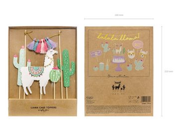 partydeco Tortenstecker, Kuchen Topper Lama und Kakteen 9-20cm weiß grün rosa 5er Set