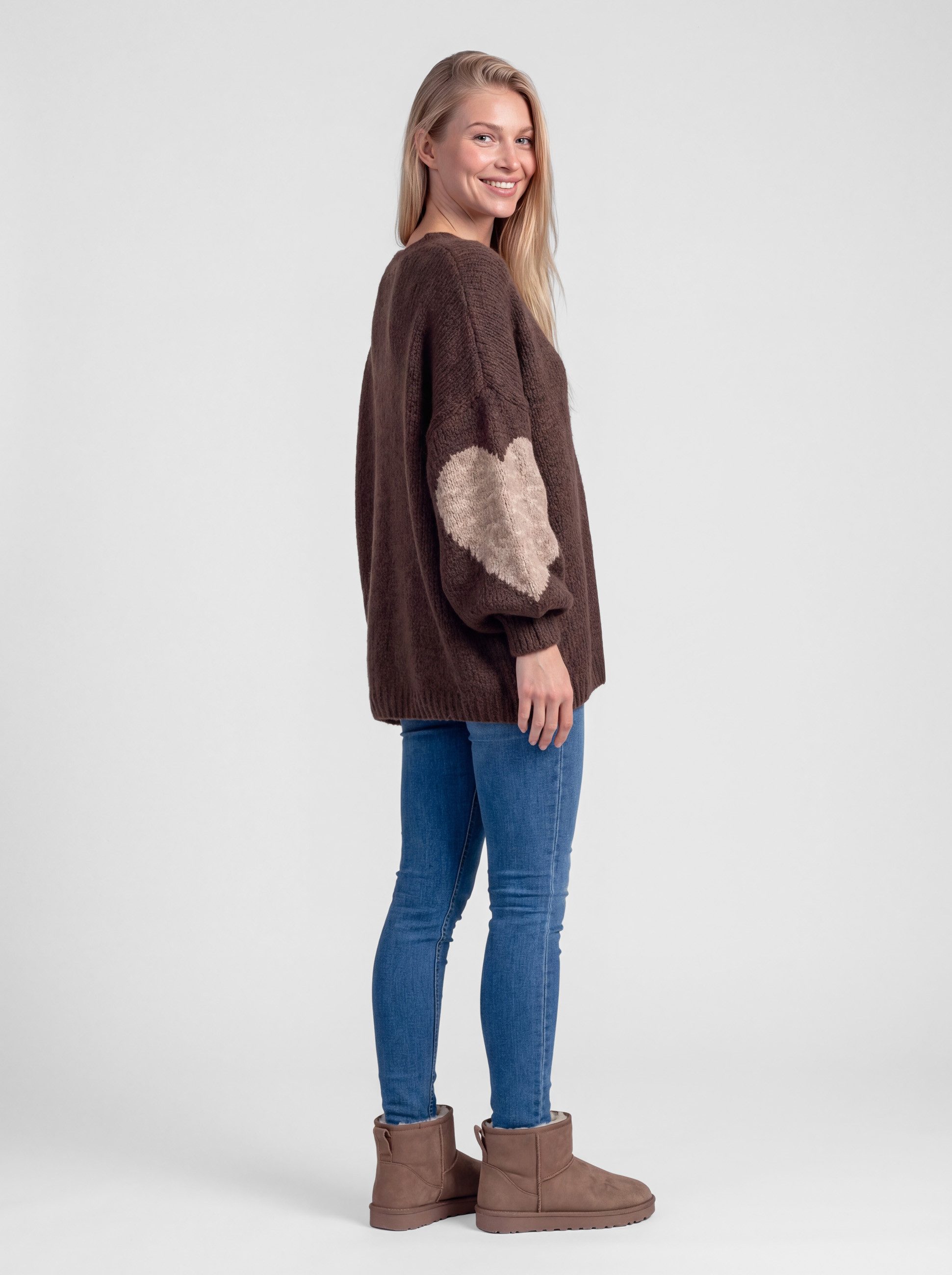 PEKIVESSA Strickpullover Oversized Pullover mit V-Ausschnitt Ärmel mit Herz-Motiv und Leopardenmuster