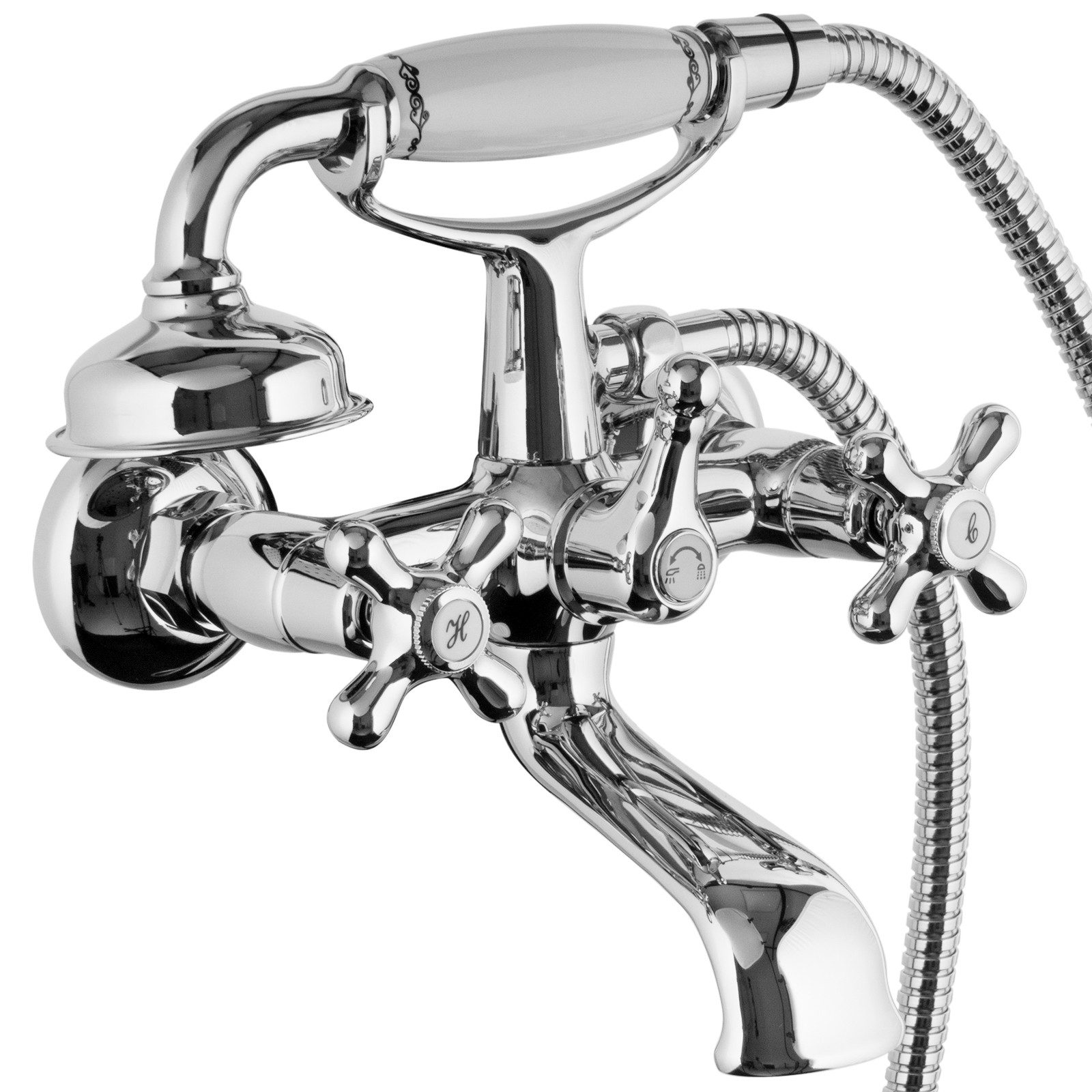 PaulGurkes Wannenmischeinheit Retro-Design, Messing verchromt, Keramikgriff mit Bordüre