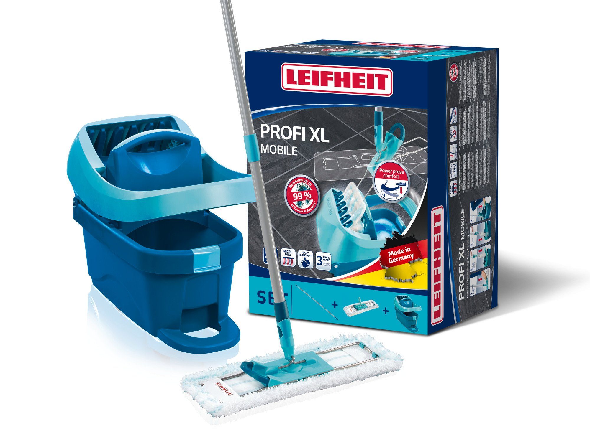 Wischmopp Set Wischtuchpresse Profi XL mit Rollen und Bodenwischer