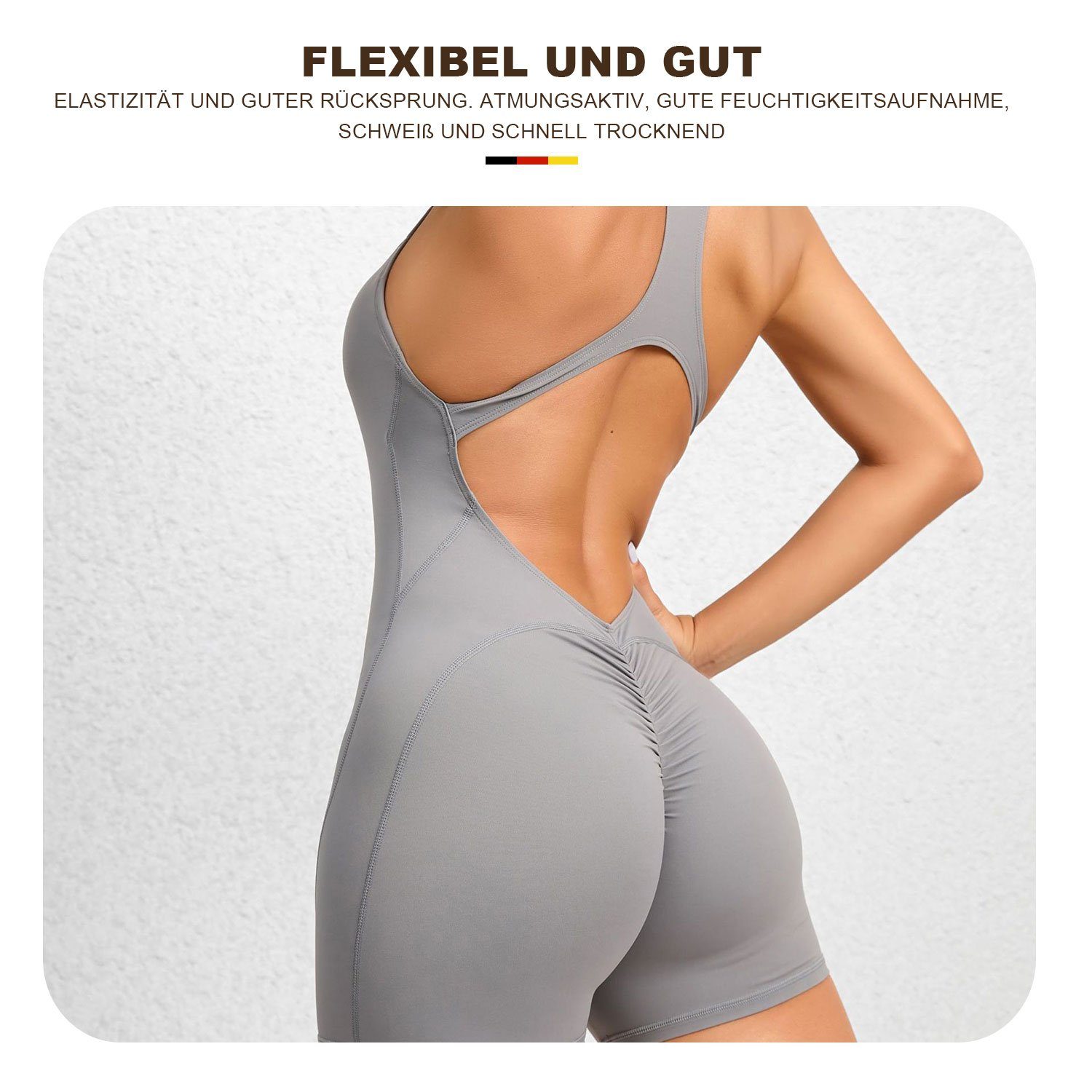 Overall für mit rückenfreier MAGICSHE Damen Overall Reißverschluss Yoga-Fitness Sportlicher Sporthose Dunkelgrau