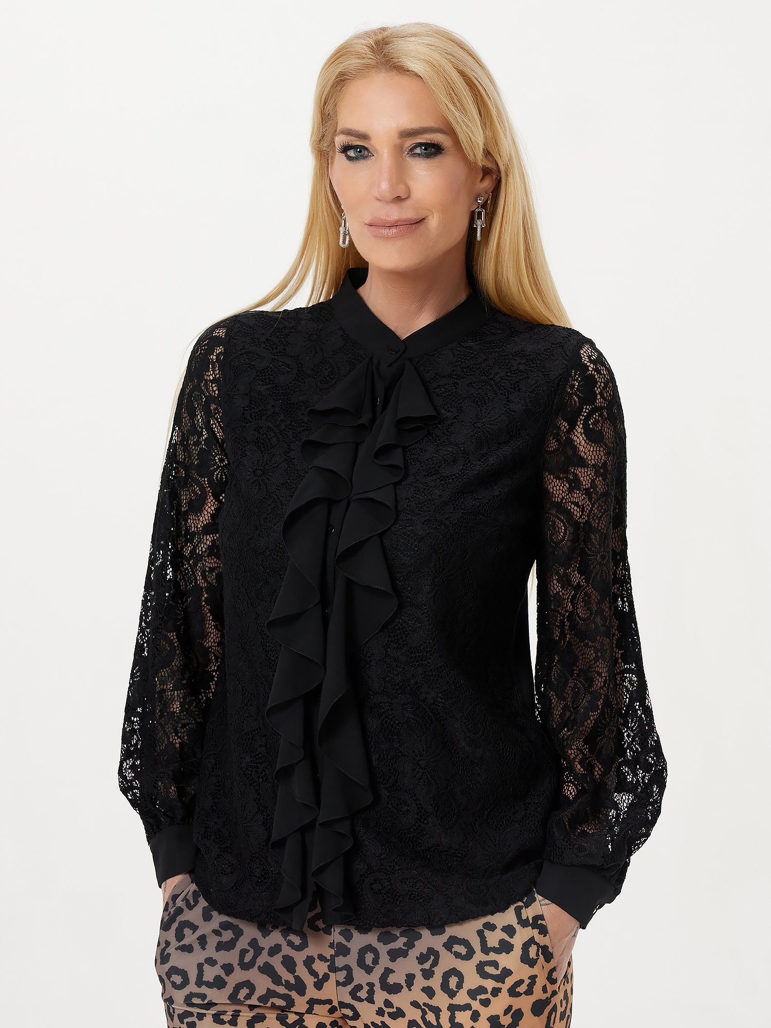 Sarah Kern Spitzenbluse Longsleeve koerpernah mit Volants