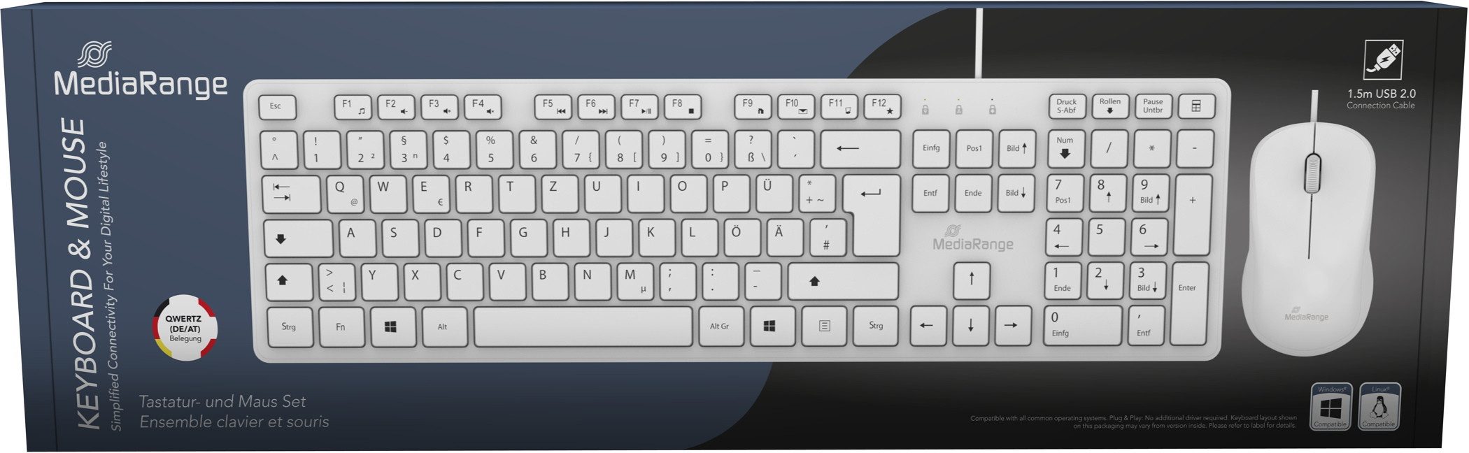 Mediarange Set Maus und Tastatur mit Kabel 3 QWERTZ weiß MROS276 Tastatur- und Maus-Set