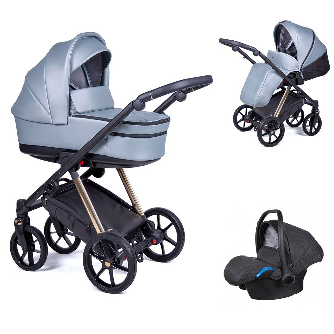 babies-on-wheels Kombi-Kinderwagen 3 in 1 Kinderwagen-Set Axxis Premium - 15 Teile - in 12 Designs Oceanblau = Gestell gold