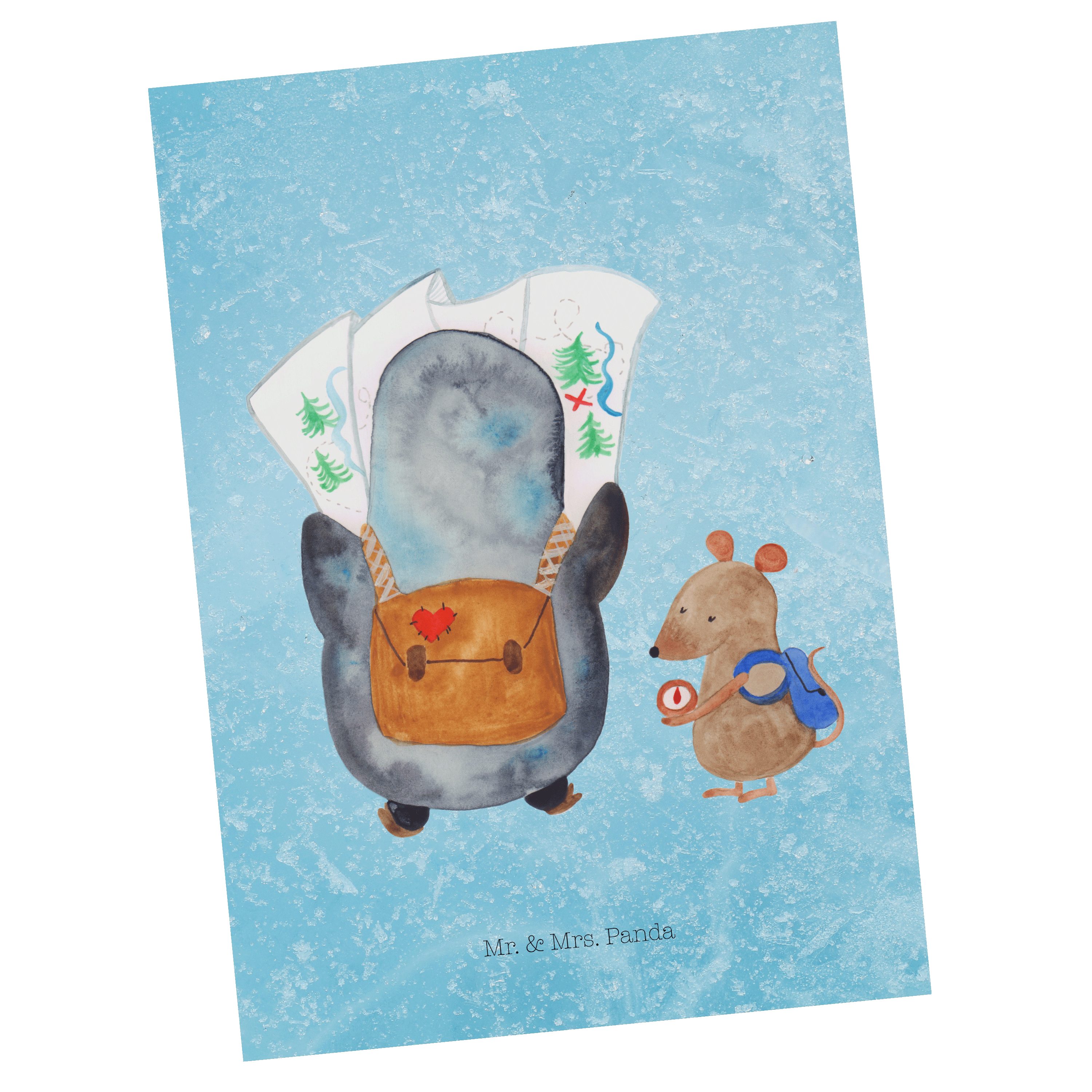 Mr. & Mrs. Panda Postkarte Pinguin & Maus Wanderer - Eisblau - Geschenk, Wanderlust, Roadtrip, A
