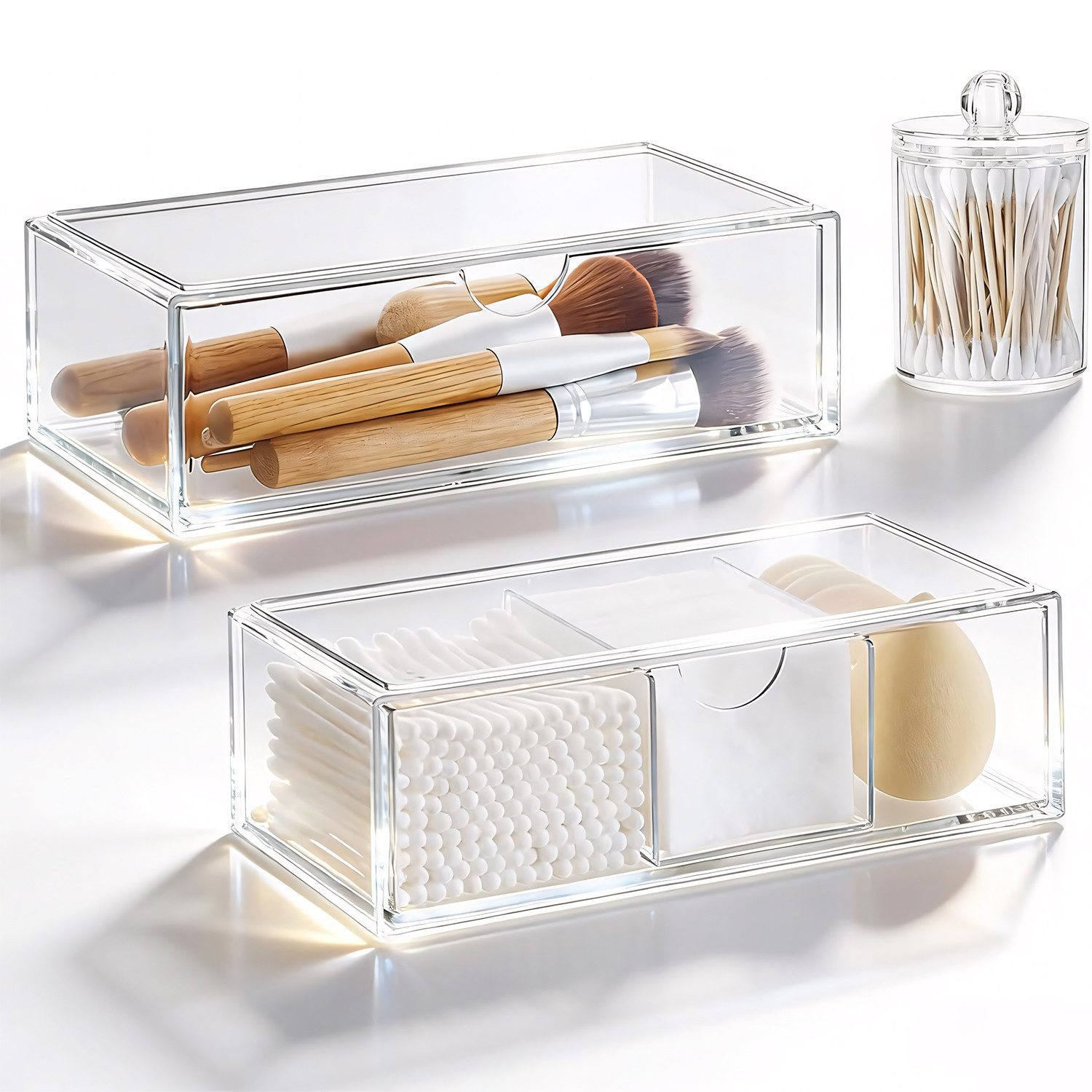 SURFOU Organizer 2er-Set Kosmetik Make Up Organizer Wattepadspender (Wattestäbchen Behälter, Clear Schminktisch Organizer für Bad, Schlafzimmer und Schminktisch)
