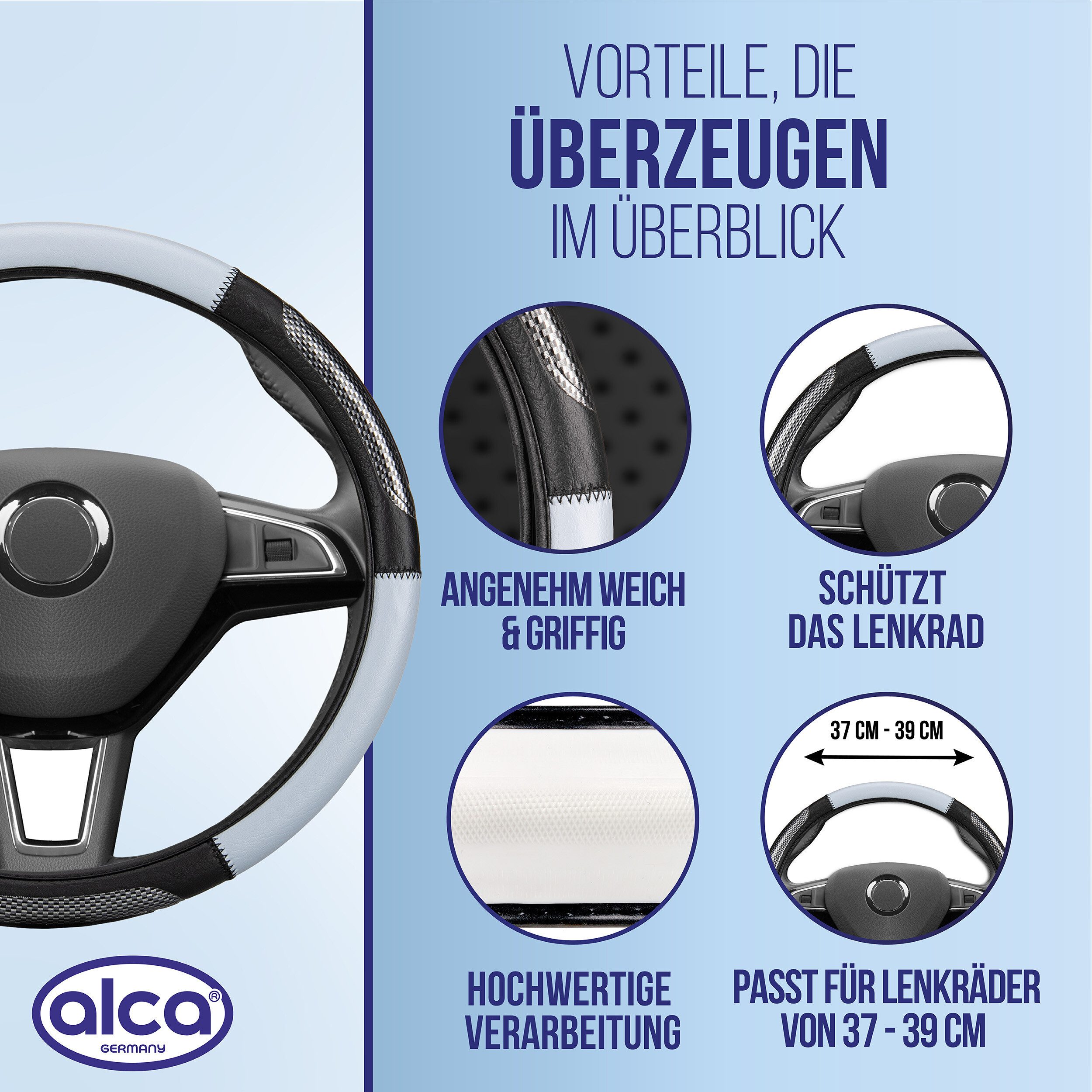 alca Lenkradbezug Lenkradhülle Luxus grau/schwarz Auto 37-39 cm sportlich creme-farben, (1-tlg) – Bild 4 von 5