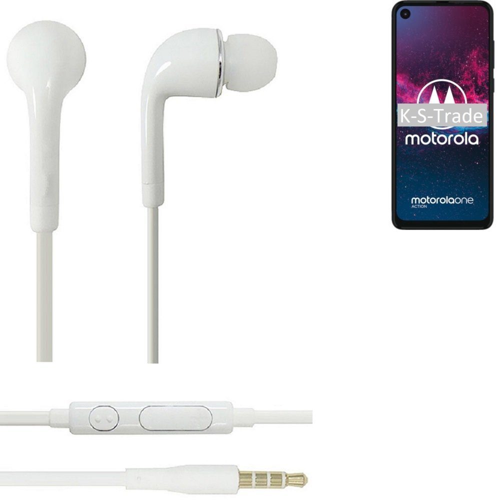 K-S-Trade für Motorola one action In-Ear-Kopfhörer (Kopfhörer Headset mit Mikrofon u Lautstärkeregler weiß 3,5mm)