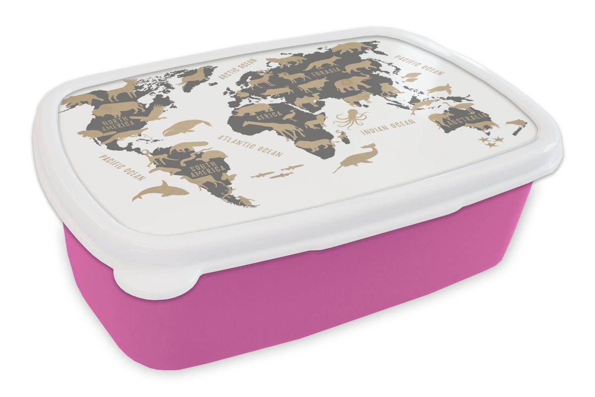 MuchoWow Lunchbox Weltkarte - Grau - Tiere, Kunststoff, (2-tlg), Brotbox für Erwachsene, Brotdose Kinder, Snackbox, Mädchen, Kunststoff rosa