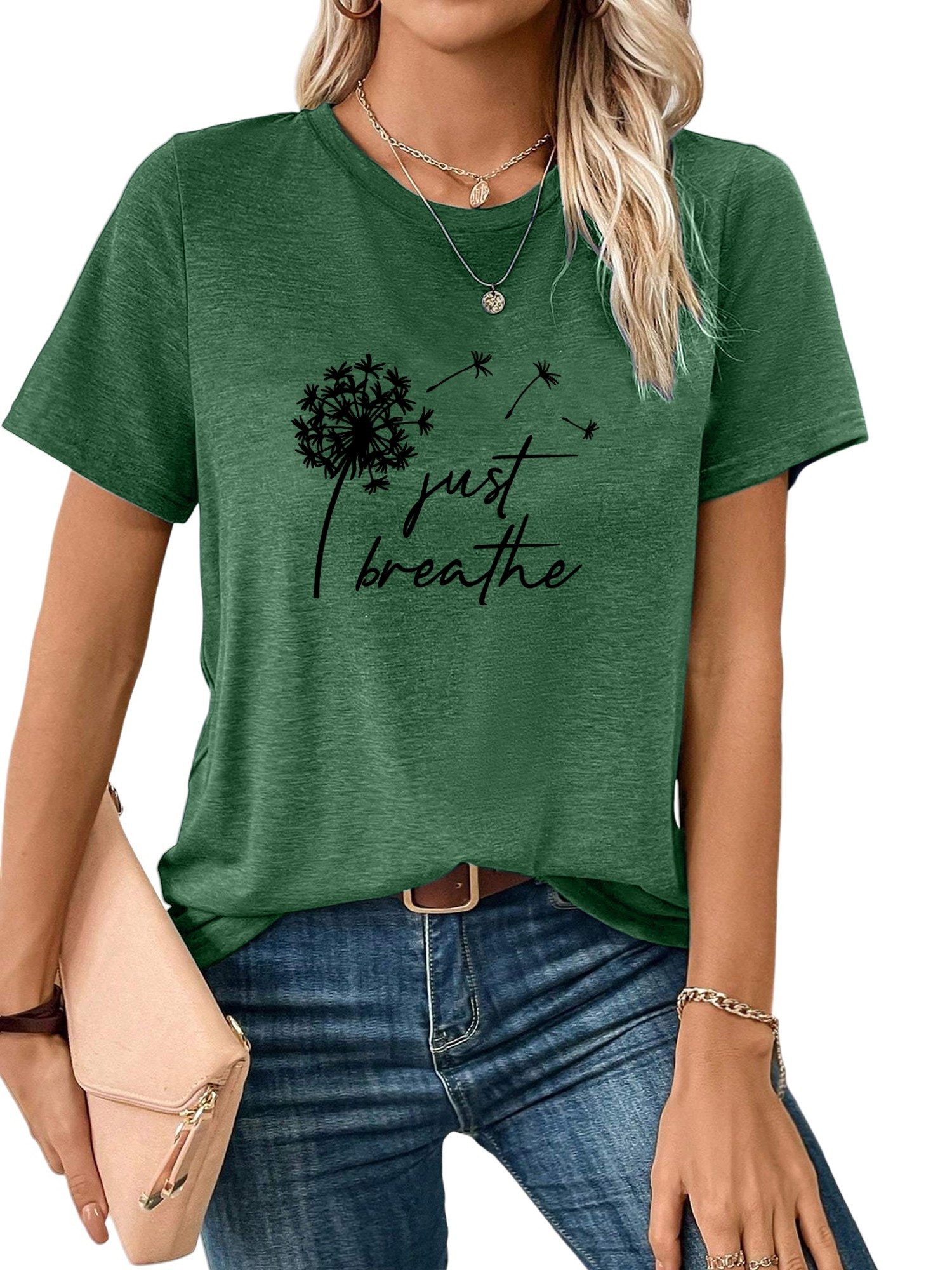 PYLIKE Kurzarmshirt Damen Sommer Casual T-Shirt mit Löwenzahn Print Tee