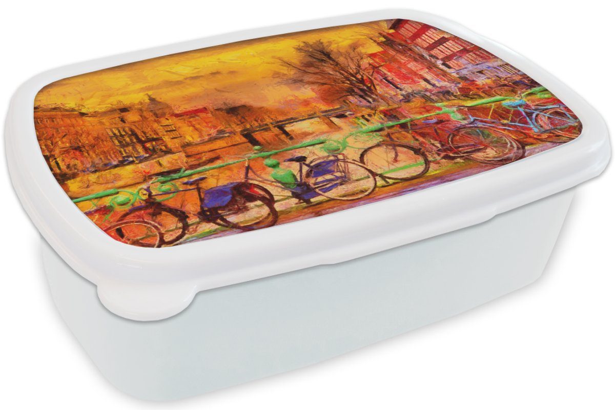 MuchoWow Lunchbox Gemälde für für Brotdose, Erwachsene, und Kunststoff, - Brotbox Fahrrad Amsterdam (2-tlg), Gracht - Kinder und Öl, Jungs Mädchen - - weiß