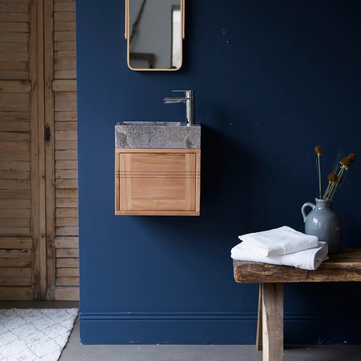Tikamoon Waschtisch Badunterschrank aus Teakholz und Waschbecken aus grauem Marmor Basic g