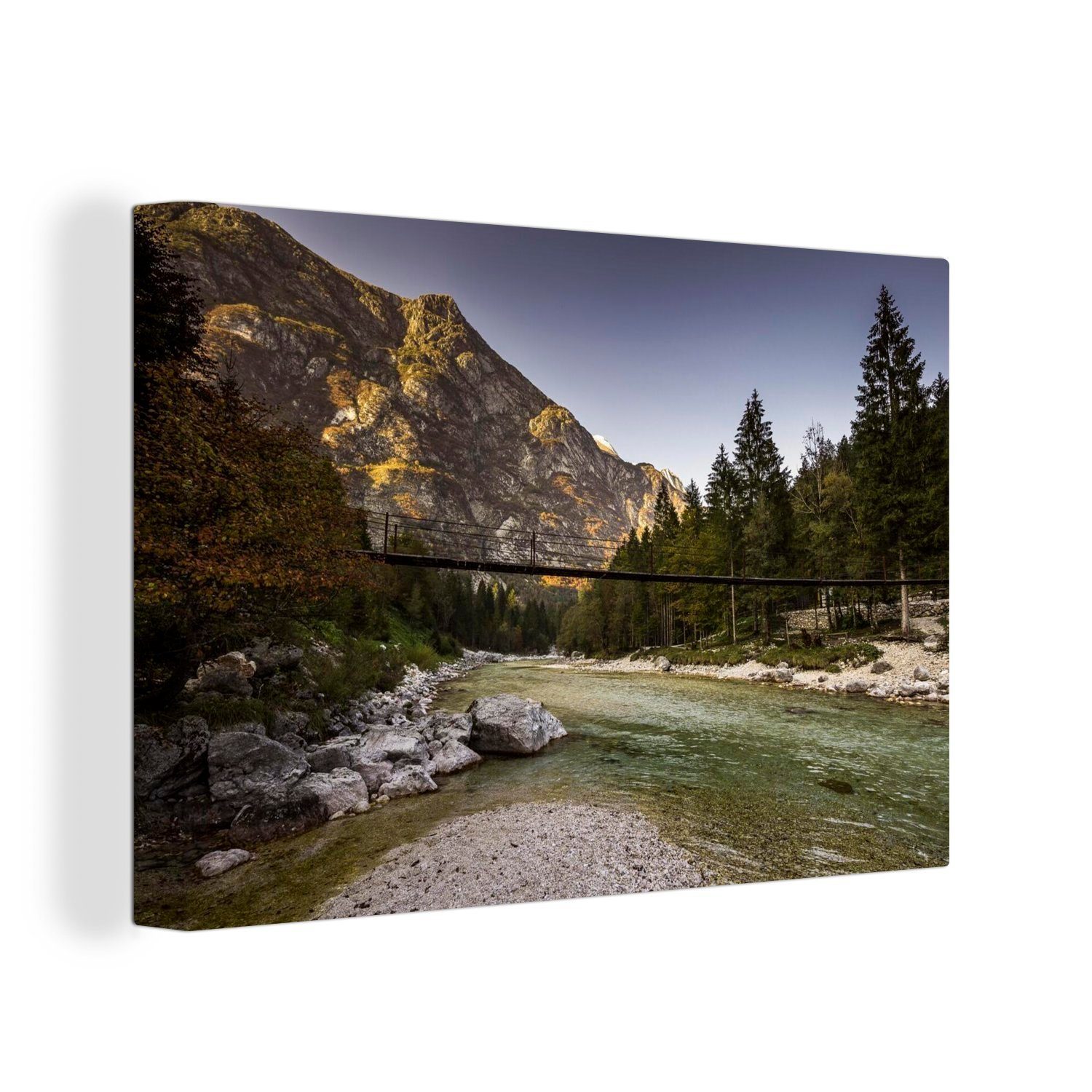 Slowenien, Wandbild Leinwandbild den 30x20 St), Isonzio Aufhängefertig, cm Fluss im (1 in Wanddeko, Triglav-Nationalpark OneMillionCanvasses® Brücke Leinwandbilder, über