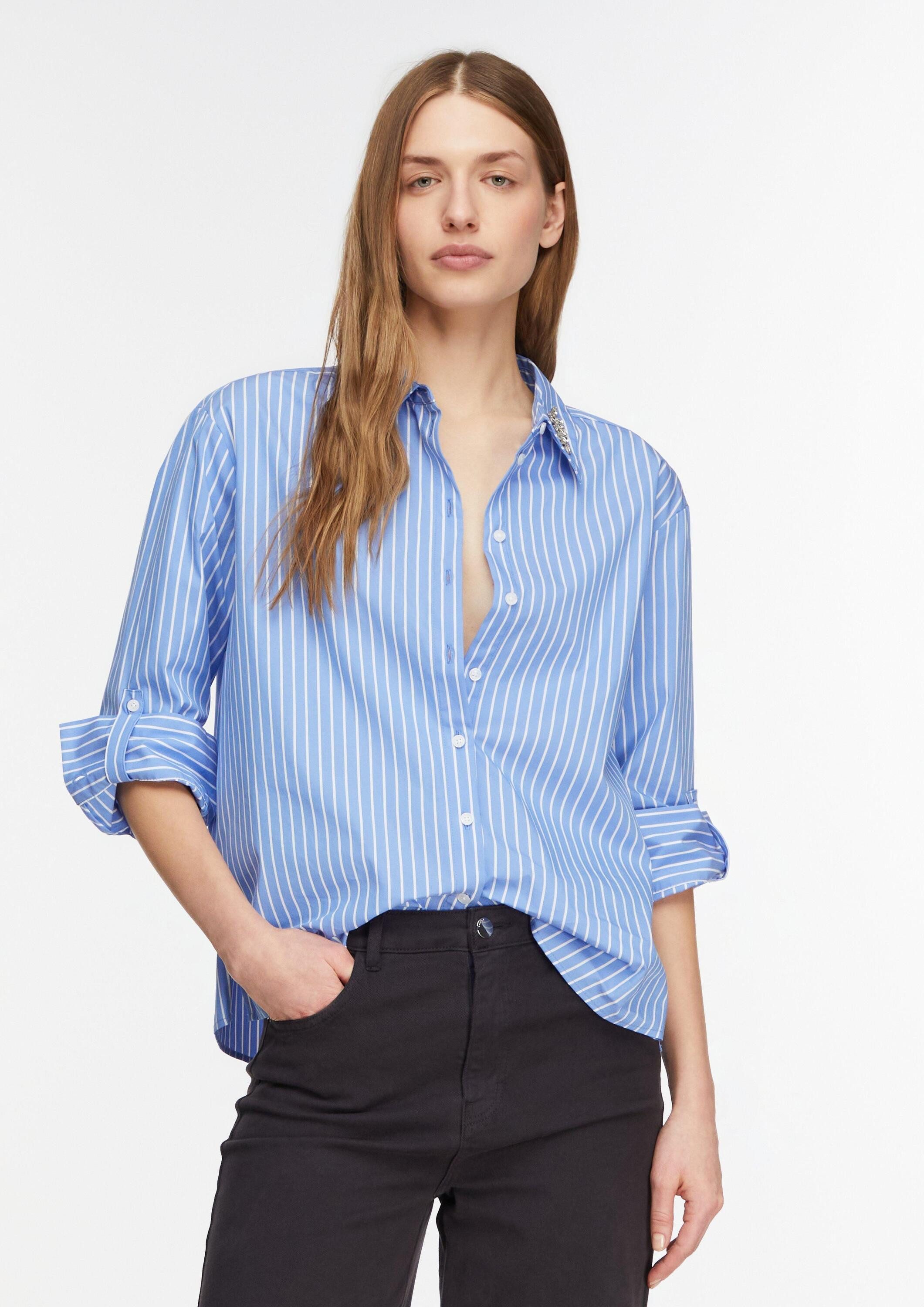 comma Langarmbluse Bluse Bluse aus Popeline mit Schmucksteinen