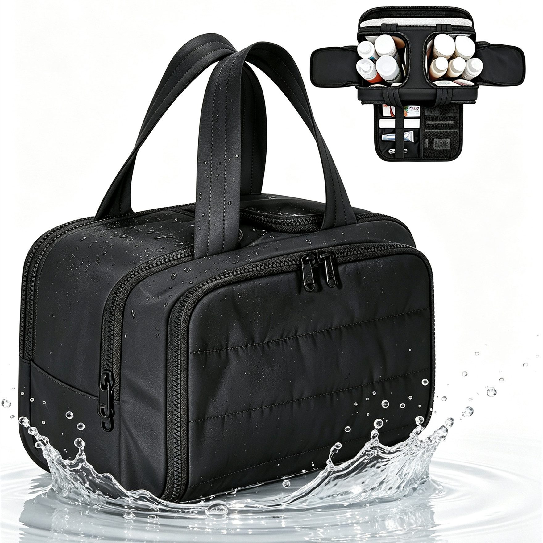 Forrlite Kulturbeutel Reise Kulturtasche Damen Heren Große,Weit Offene Reise‑Kulturbeutel (Kosmetiktasche Make up Organizer mit Griff für Zubehör), Essentials,Toilettenartikel, Schwarz