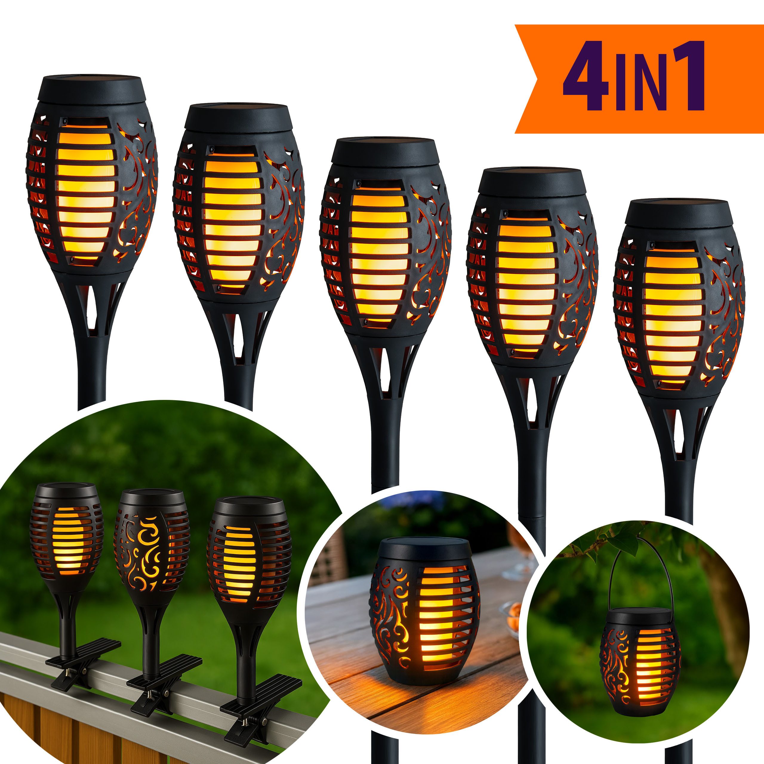 IC Gardenworld LED Gartenfackel 5er Set Solar Gartenfackel mit Flammeneffekt, 4 in 1 Verwendung, LED fest integriert, warm-weiß