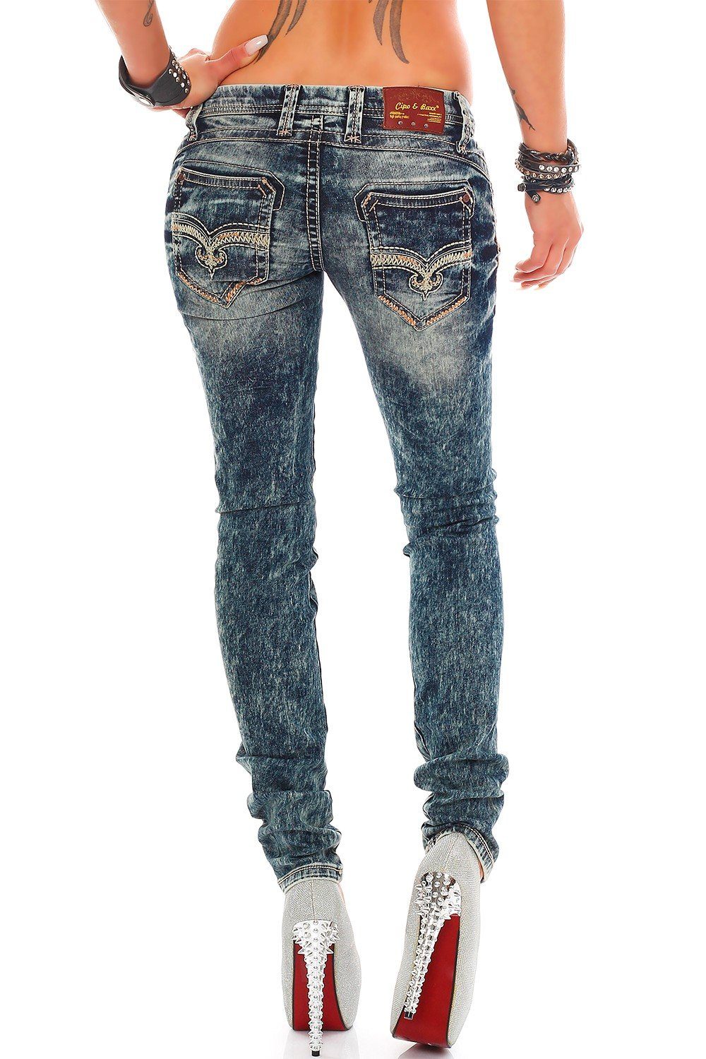 Cipo & Baxx Regular-fit-Jeans Damen Regular Fit Hose Stonewashed BA-WD222 (1-tlg) Coole Waschung Verzierte Gesäßtaschen – Bild 2 von 5