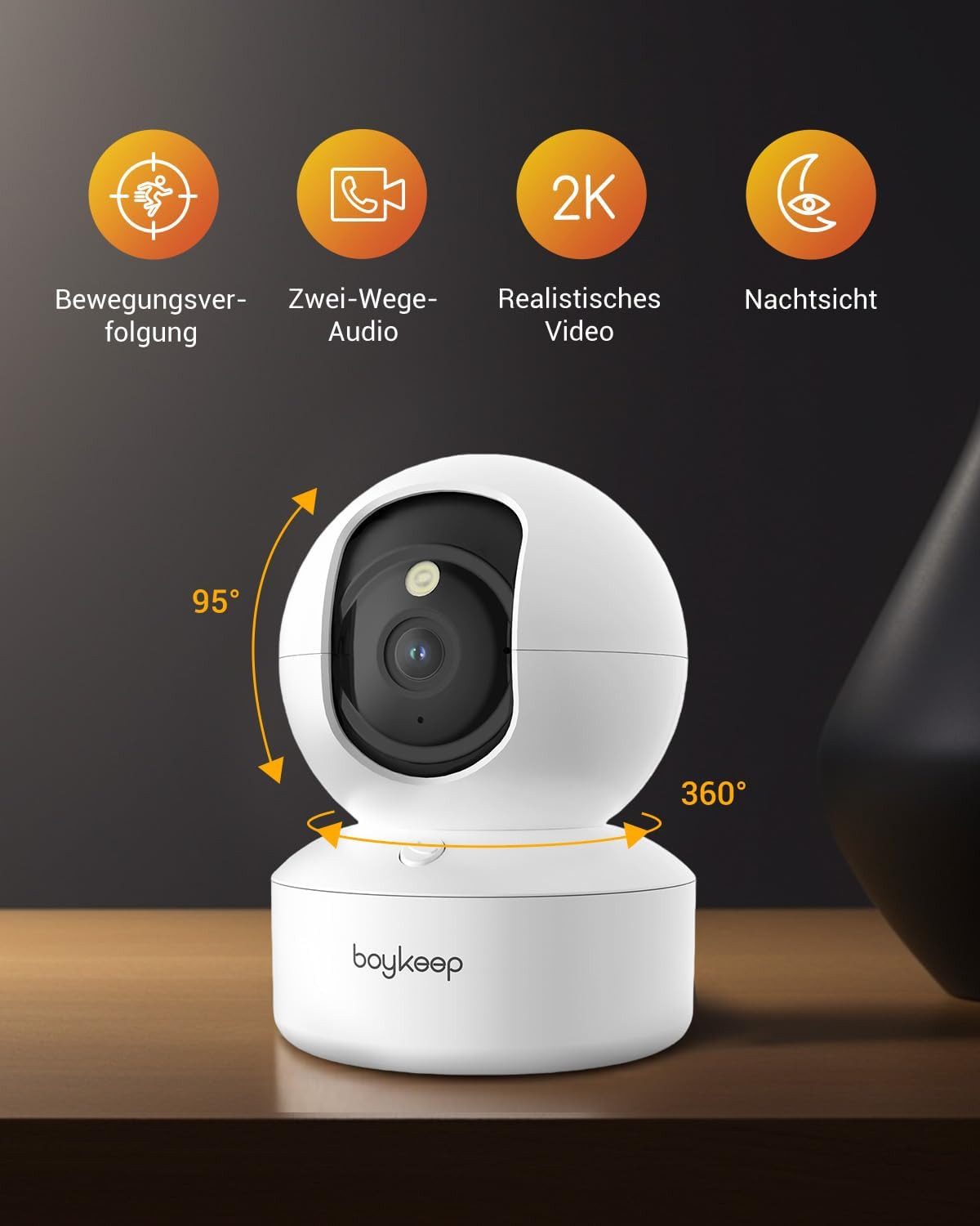 BoyKeep Überwachungskamera K30 2.4G/5GHz 2K 360° WLAN Hundekamera Babyphone (Innenbereich, 1-tlg., Bewegungserkennung, Nachtsicht, Zwei-Wege-Audio)