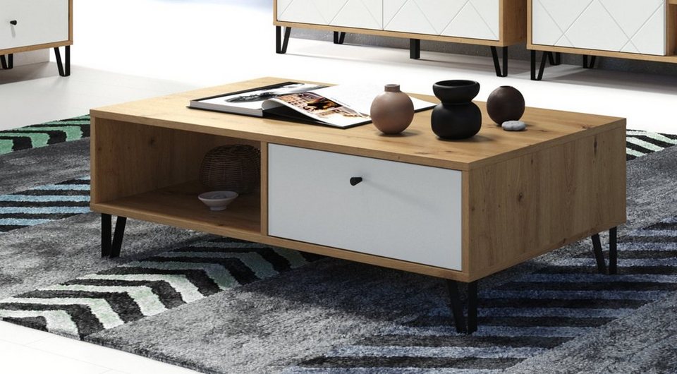 trendteam Couchtisch Touch (Wohnzimmer Tisch Eiche Artisan und weiß, 110 x  60 cm), mit Schubladen und Stauraum
