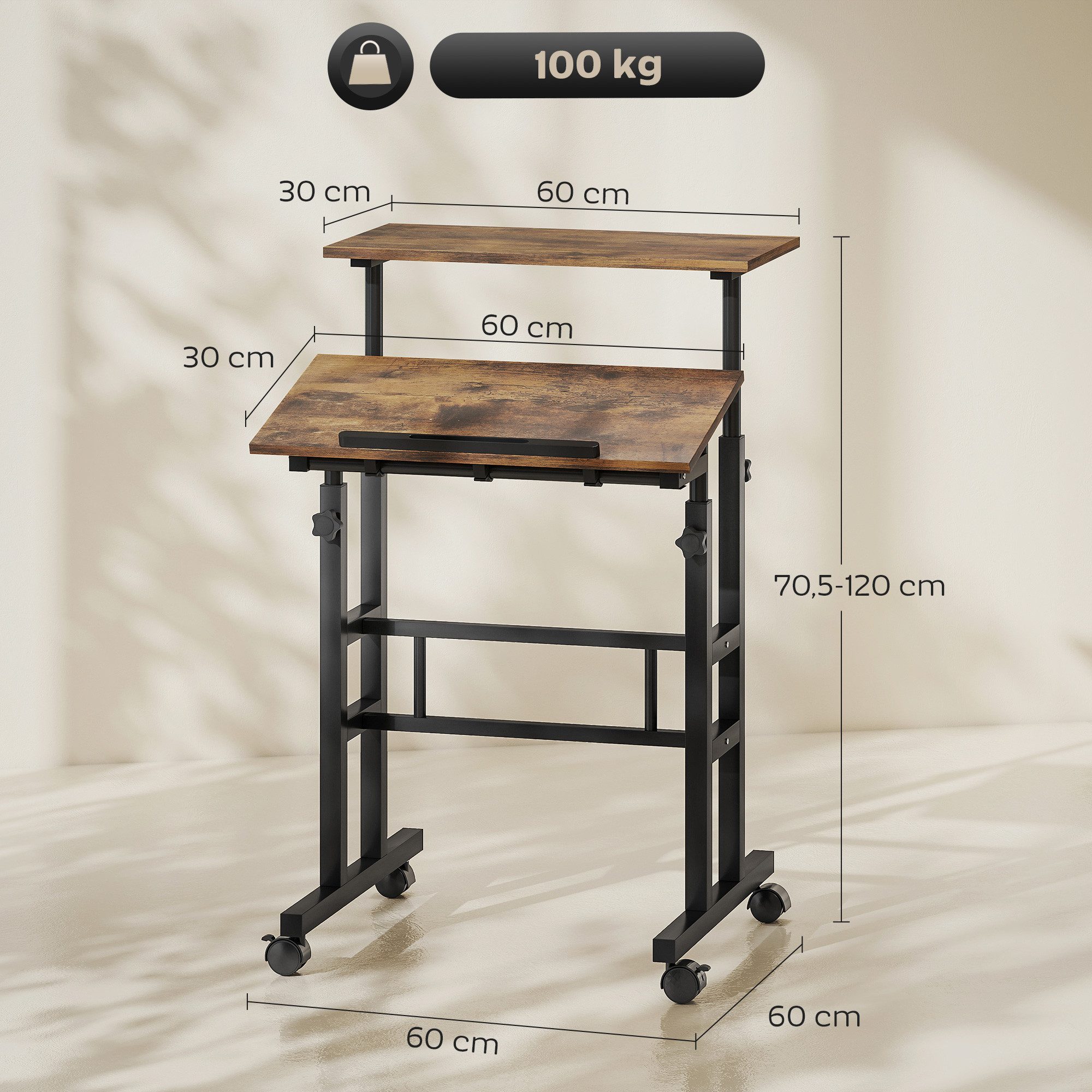 HOMCOM Schreibtisch Küchentisch mit Regal, Rollen, Computertisch, Büroregal (Laptoptisch, 1-St., Arbeitstisch), Höhenverstellbar, Rustikal-Braun