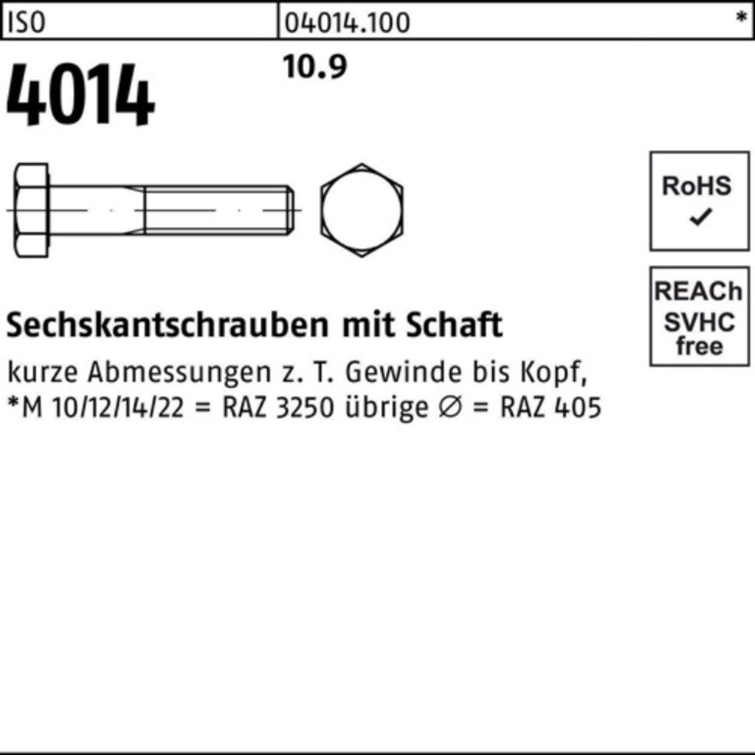 100er Schaft I ISO 10.9 Sechskantschraube Sechskantschraube 25 230 Bufab Stück 4014 M16x Pack