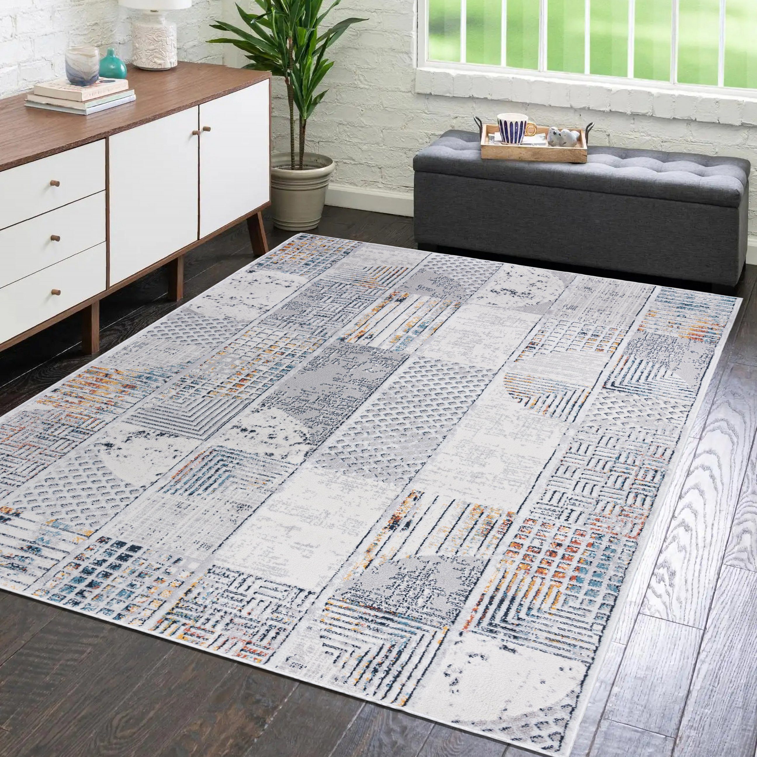 Designteppich Modern Vintage Teppich - Abstrakt Muster Creme Bunt - kurzflor, Mazovia, 60 x 100 cm, Wohnzimmer, Geeignet für Fußbodenheizung, Höhe 9 mm, Kurzflor