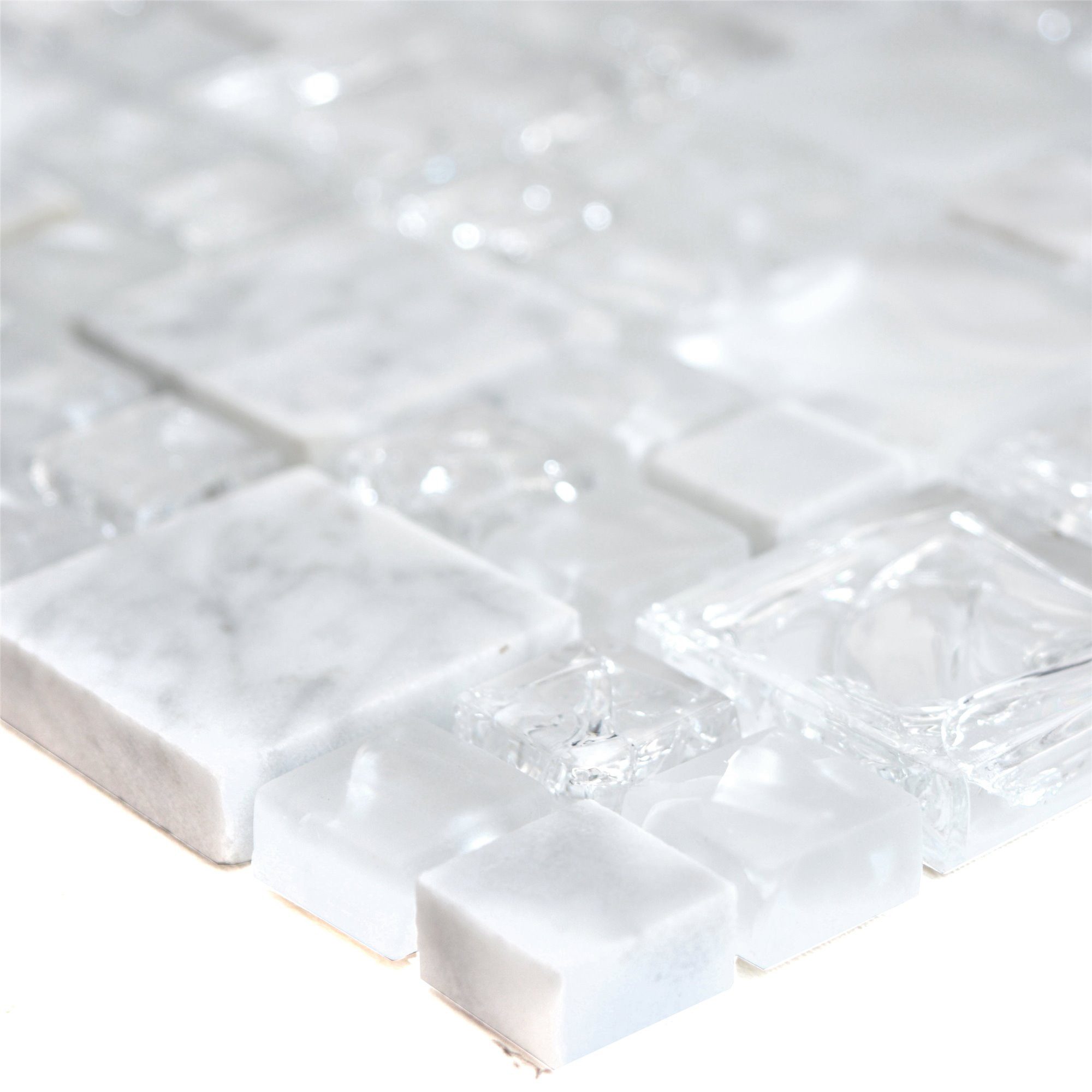 Mosafil Mosaikfliesen Glas Marmor Mosaikfliesen Malawi Bruchglas 2 Mix, Naturstein-Glas-Marmor 30.500x30.500, weiß, Verlegefertig auf ein Netz geklebt - Frostsicher - Wasserfest