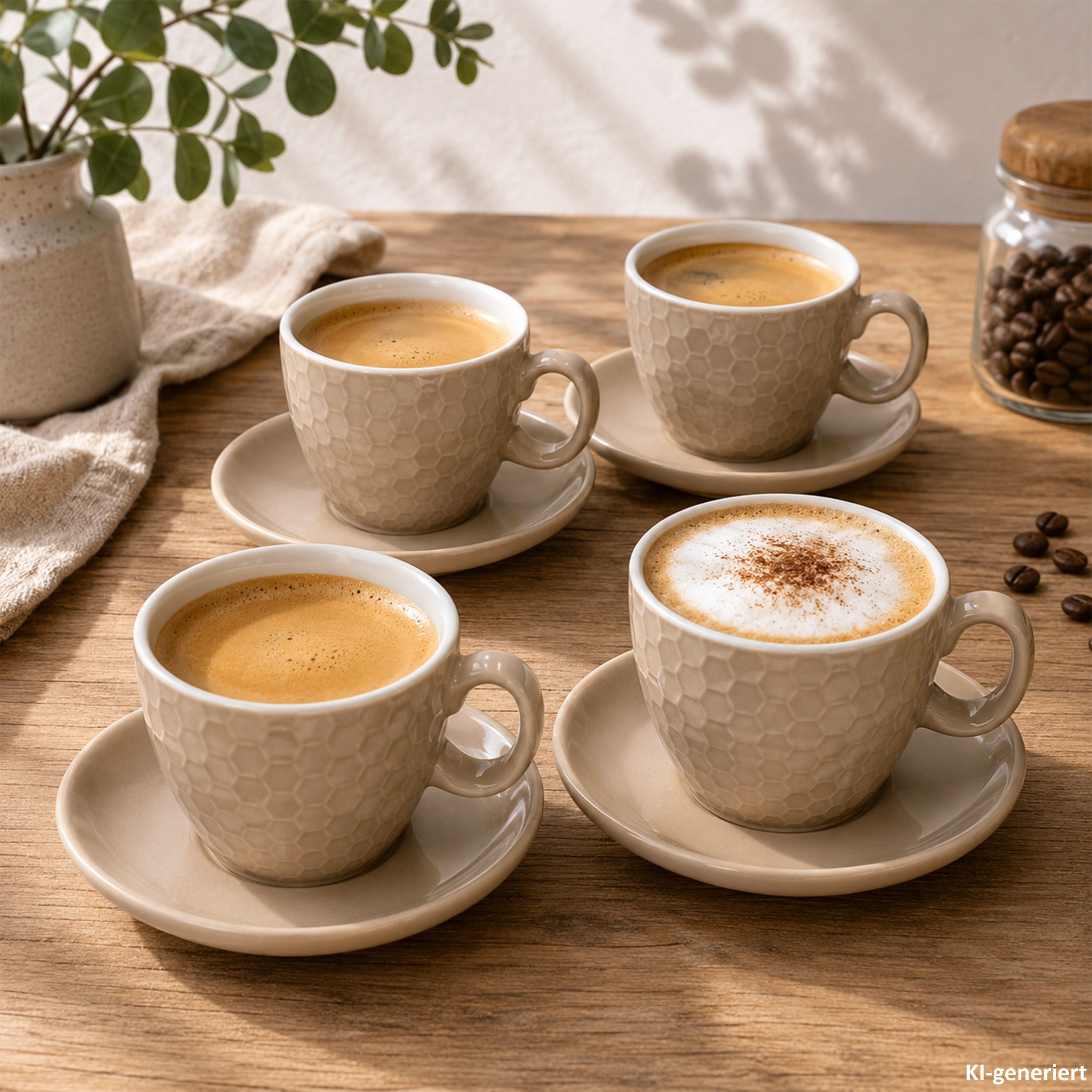 MamboCat Tasse 4er Set Hexa Kaffeetassen mit Untertassen Beige Keramik Relief, Keramik