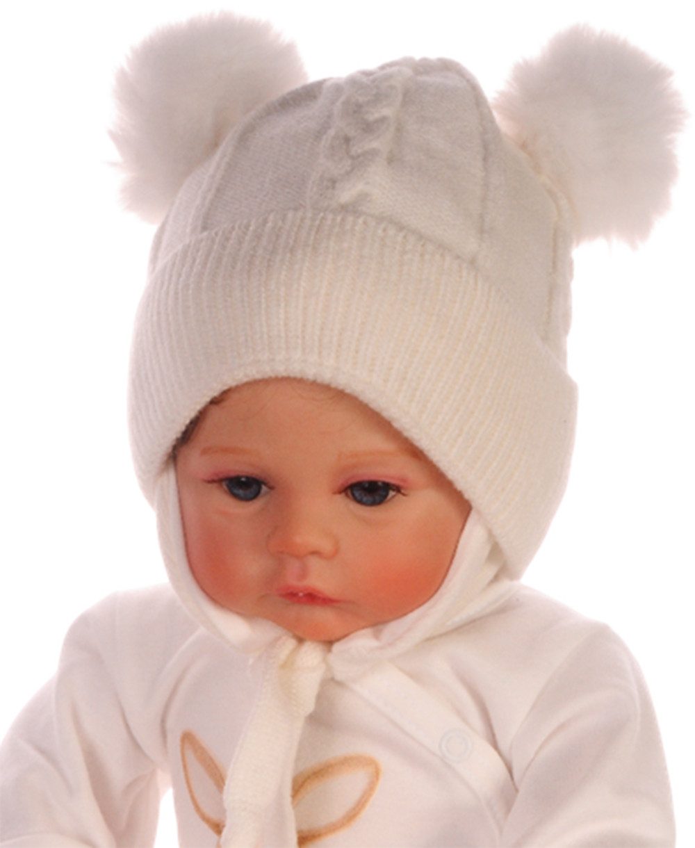 Bommelmütze Baby Mütze in Creme mit Bommel 0-12Mon