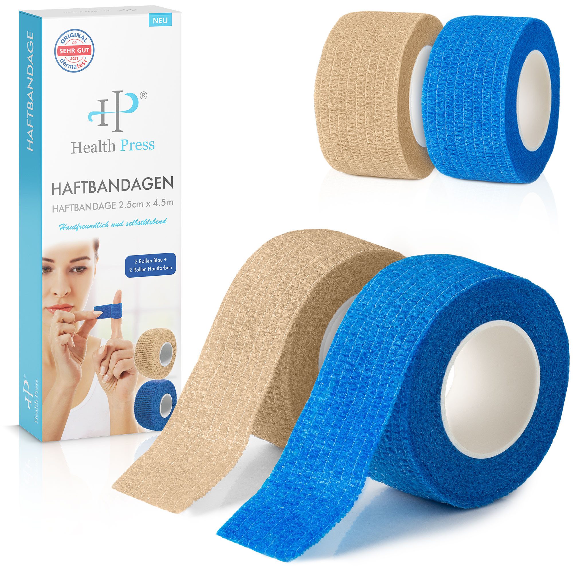 Health Press Bandage Fingerpflaster Selbsthaftend - 4x Pflaster Rolle (2,5cm x 4,5m)