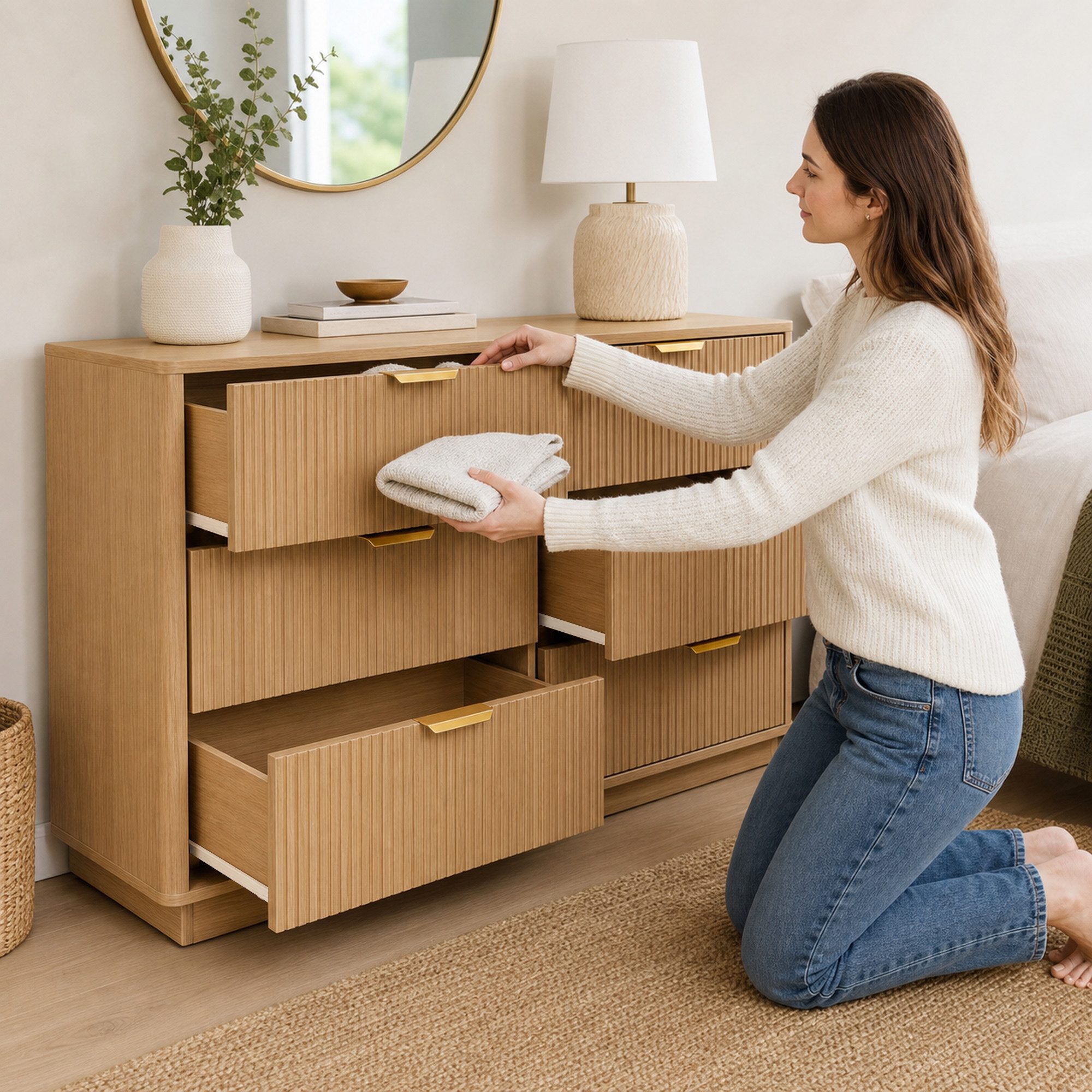 Jiexi Sideboard Sideboard 137cm in Eiche-Optik, Kommode mit 6 geräumigen Schubladen