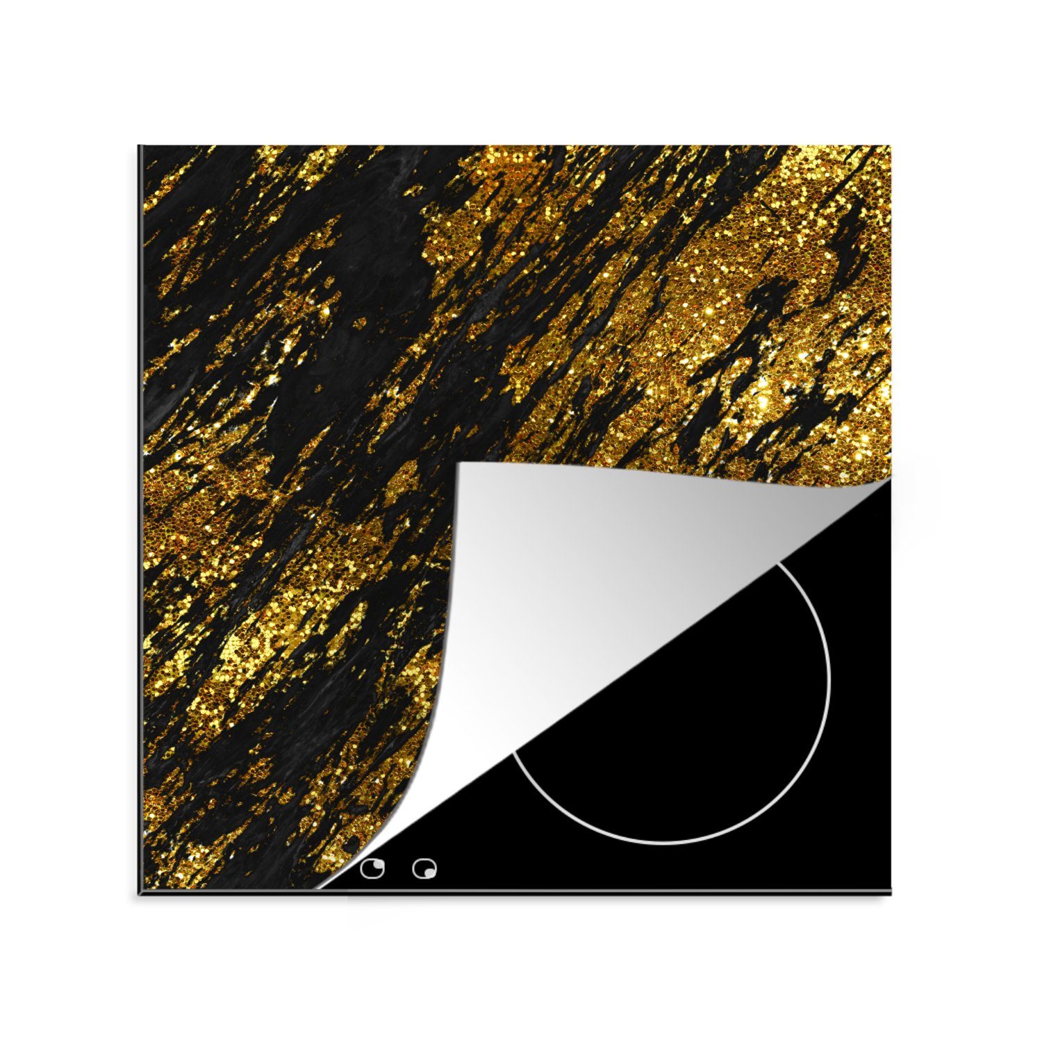 MuchoWow Herdblende-/Abdeckplatte Marmor - Gold - Glitter - Schwarz, Vinyl, (1 tlg), 78x78 cm, Ceranfeldabdeckung, Arbeitsplatte für küche