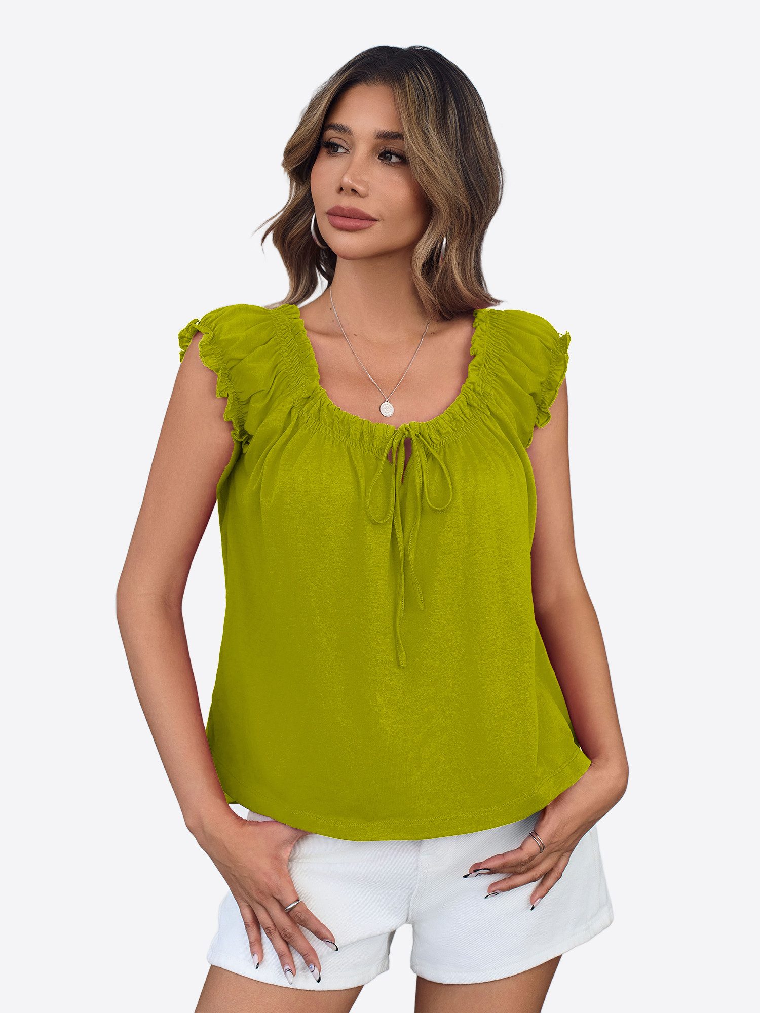 Imily Bela Babydolltop Damen Sommertop mit Puffärmeln und Bindeband vorne (Packung, 1-tlg., 1per-Pack) einfarbig