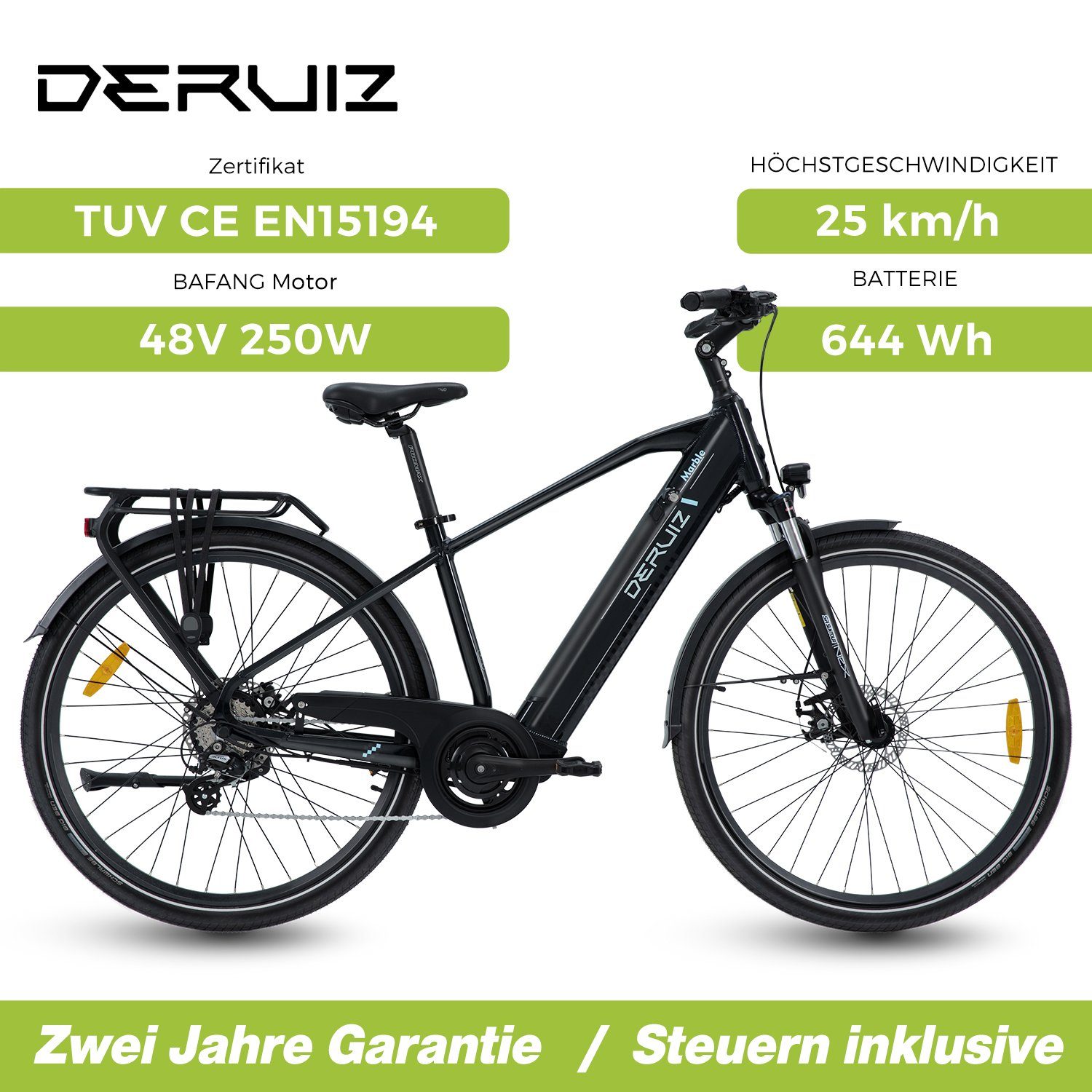 DERUIZ Quartz M City E-Bike 28 Zoll | 250W Motor, 121 Km Reichweite | Elektrofahrrad Damen & Herren