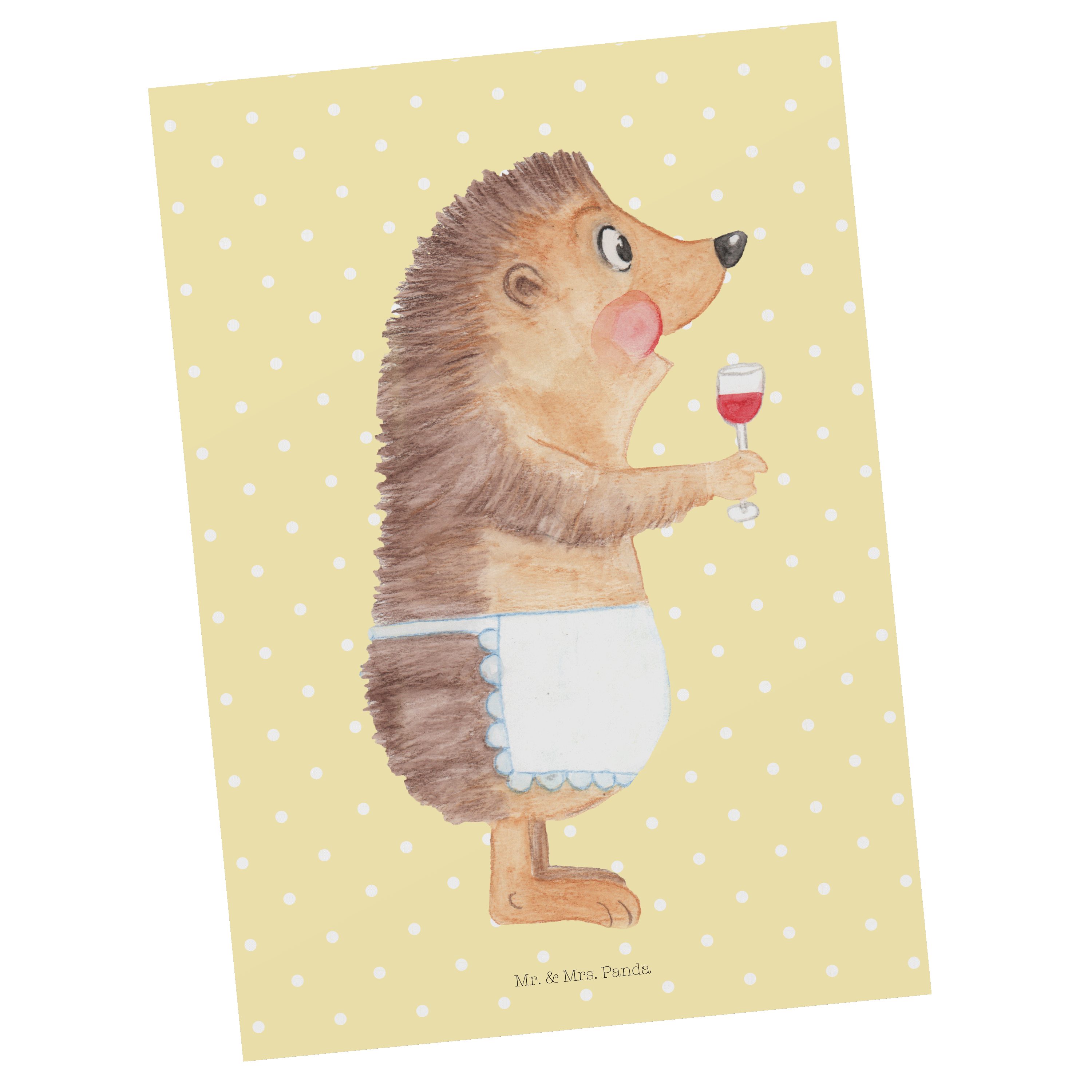 Mr. & Mrs. Panda Postkarte Igel mit Wein - Gelb Pastell - Geschenk, Grußkarte, Geschenkkarte, lu