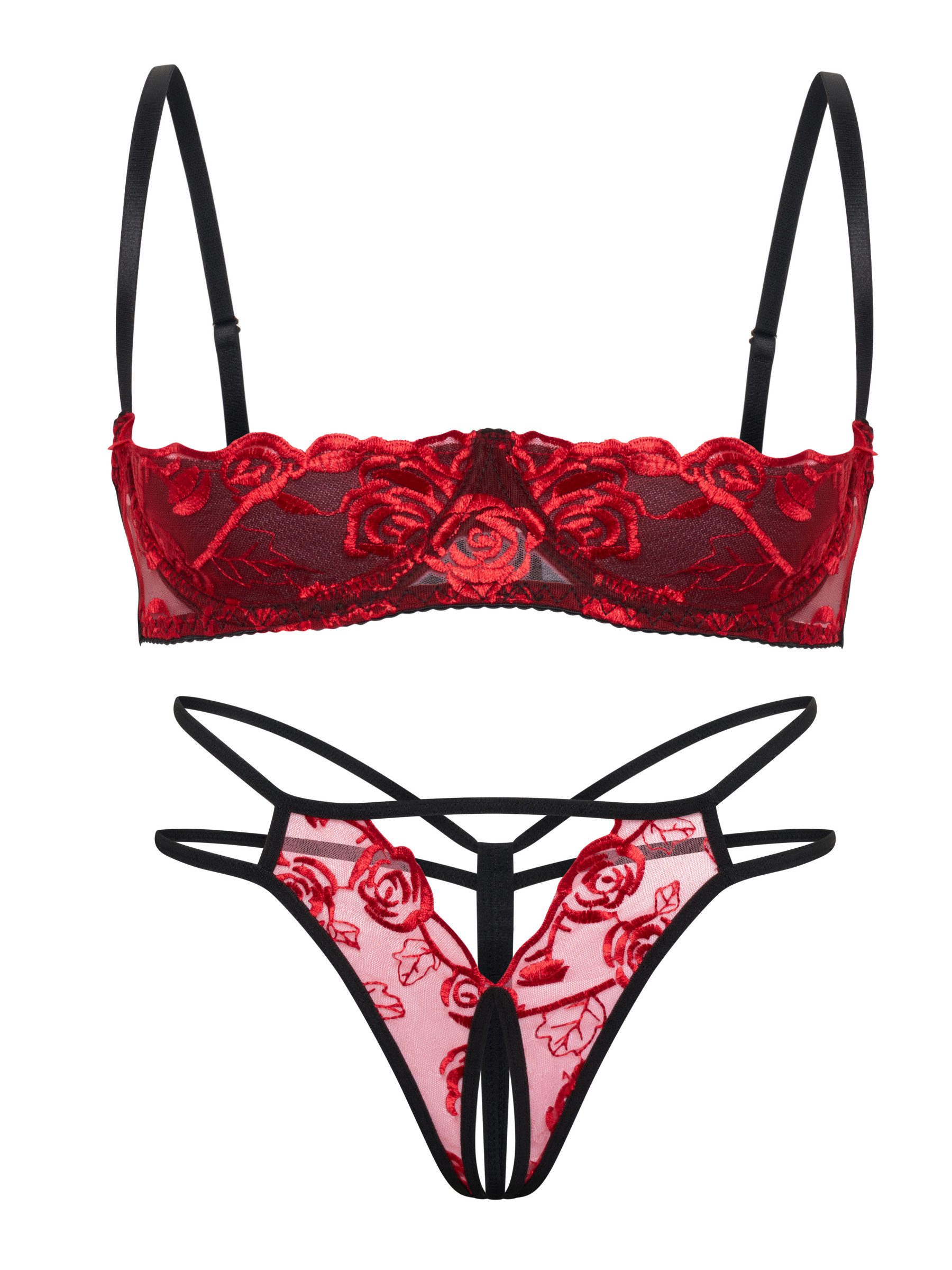 Elegant Love Set: Bügel-BH Dessous-Set mit Ouvert-Slip – Reizwäsche aus Spitze im Rosen-Design (Set, 2-tlg., mit Ouvert-String) Sexy Damenunterwäsche – BH-Set mit Tanga im offenen Schritt-Design