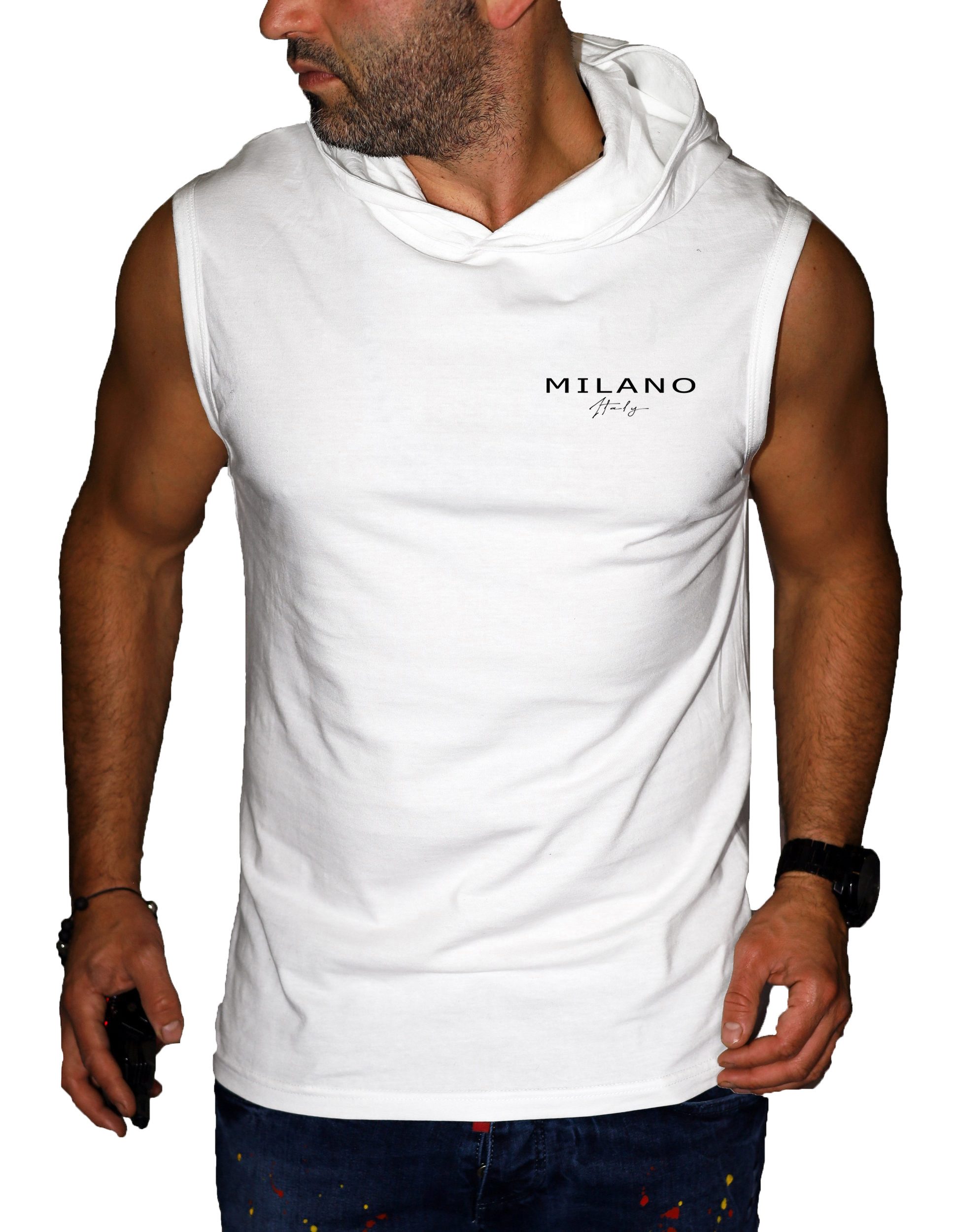 RMK Tanktop Ärmellos Shirt Herren Kapuze Gym Milano Milan aus 100% Baumwolle