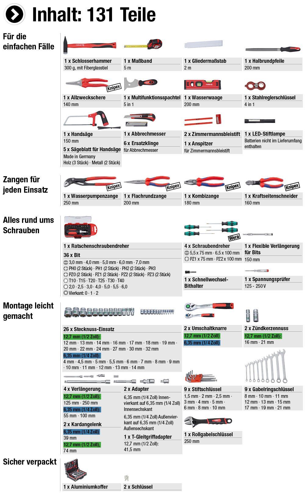 meister Werkzeugset Alu-Koffer von Profi & Wera, / Werkzeugkoffer mit 131-teilig, 8973750, Knipex Qualitätswerkzeug