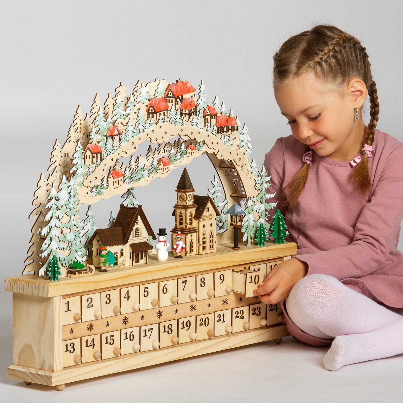 SIKORA Schwibbogen LB80 Winterdorf Adventskalender XXL LED und 24 Schubkästchen – Bild 4 von 4