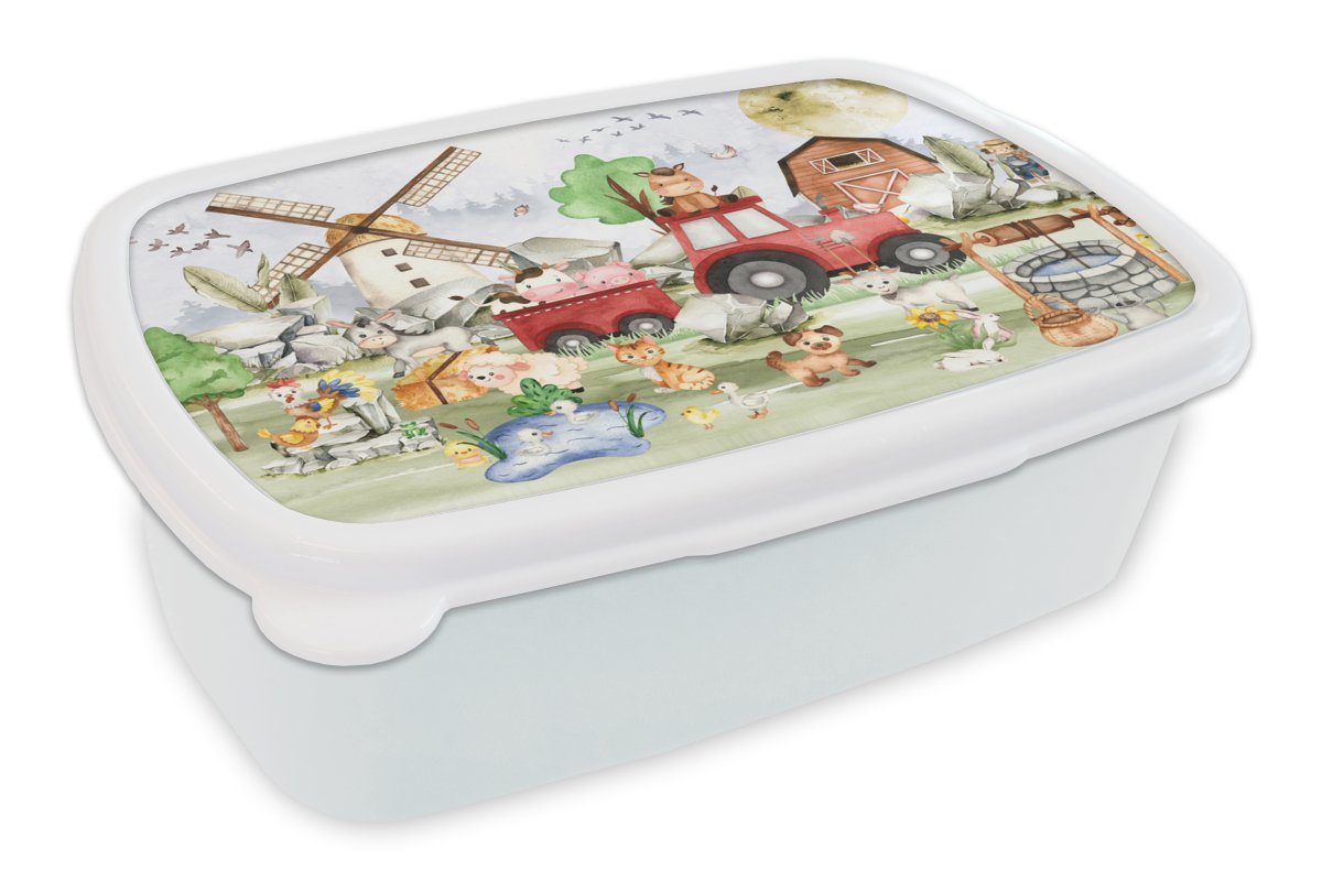 MuchoWow Lunchbox Bauernhof - Traktor - Kinder - Tiere, Kunststoff, (2-tlg), Brotbox für Kinder und Erwachsene, Brotdose, für Jungs und Mädchen weiß | Lunchboxen