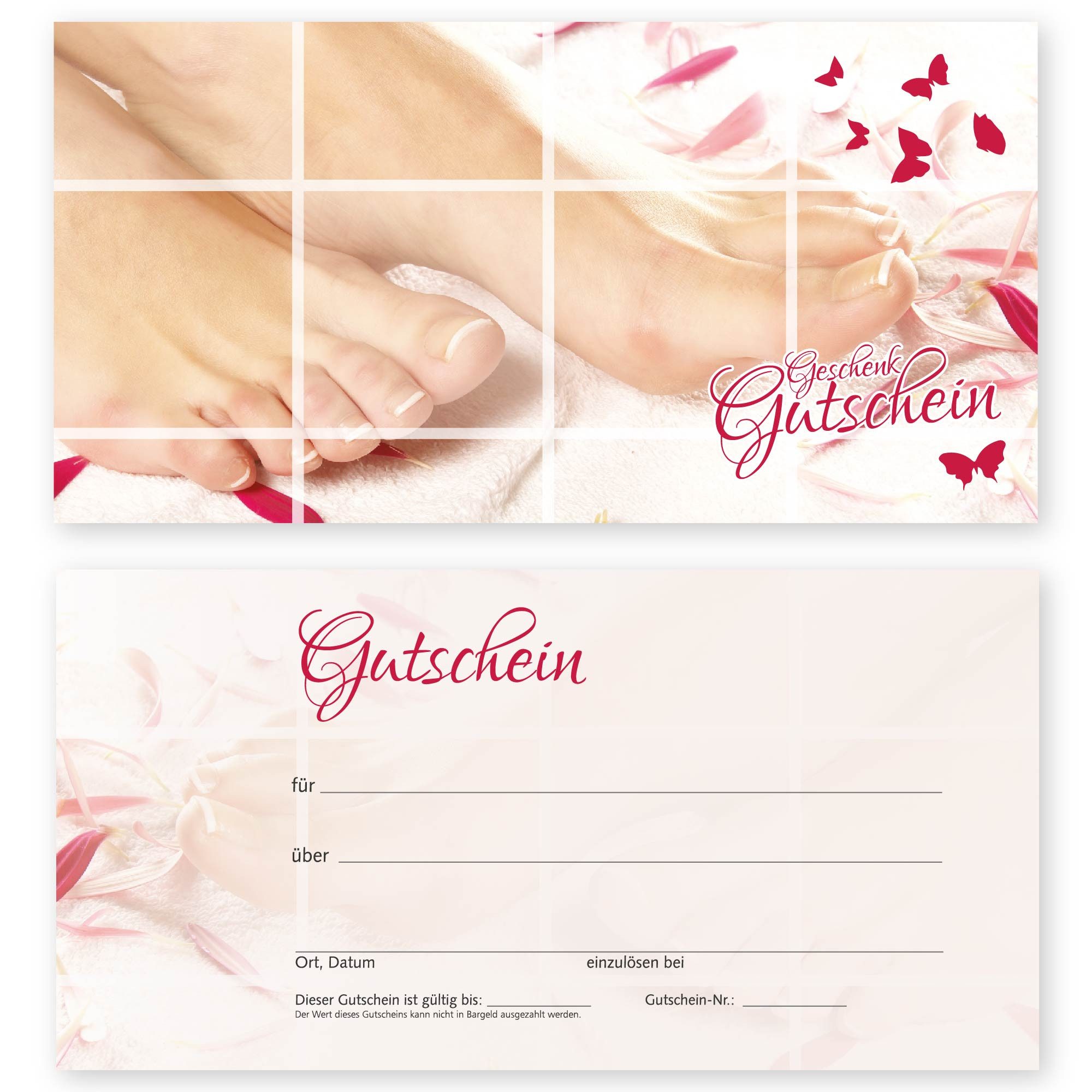 cosmeticPlus Geschenkkarte 50 Gutscheinkarten für Fußpfleger und Podologen (zum Verkaufen), glänzende Vorderseite