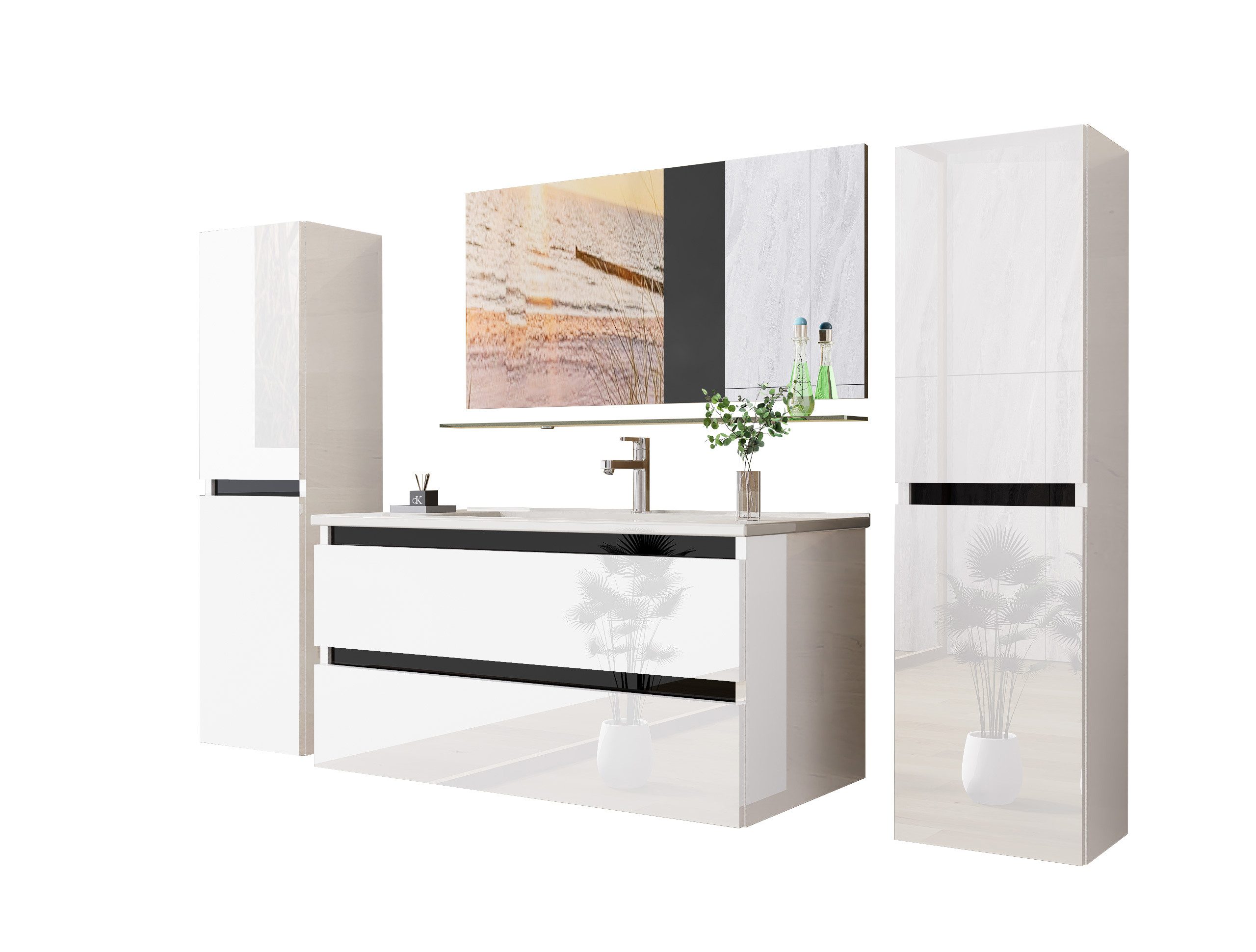 Homeline Badmöbel-Set 90 cm Badmöbel set Hochglanz Weiß badmöbel set hängend